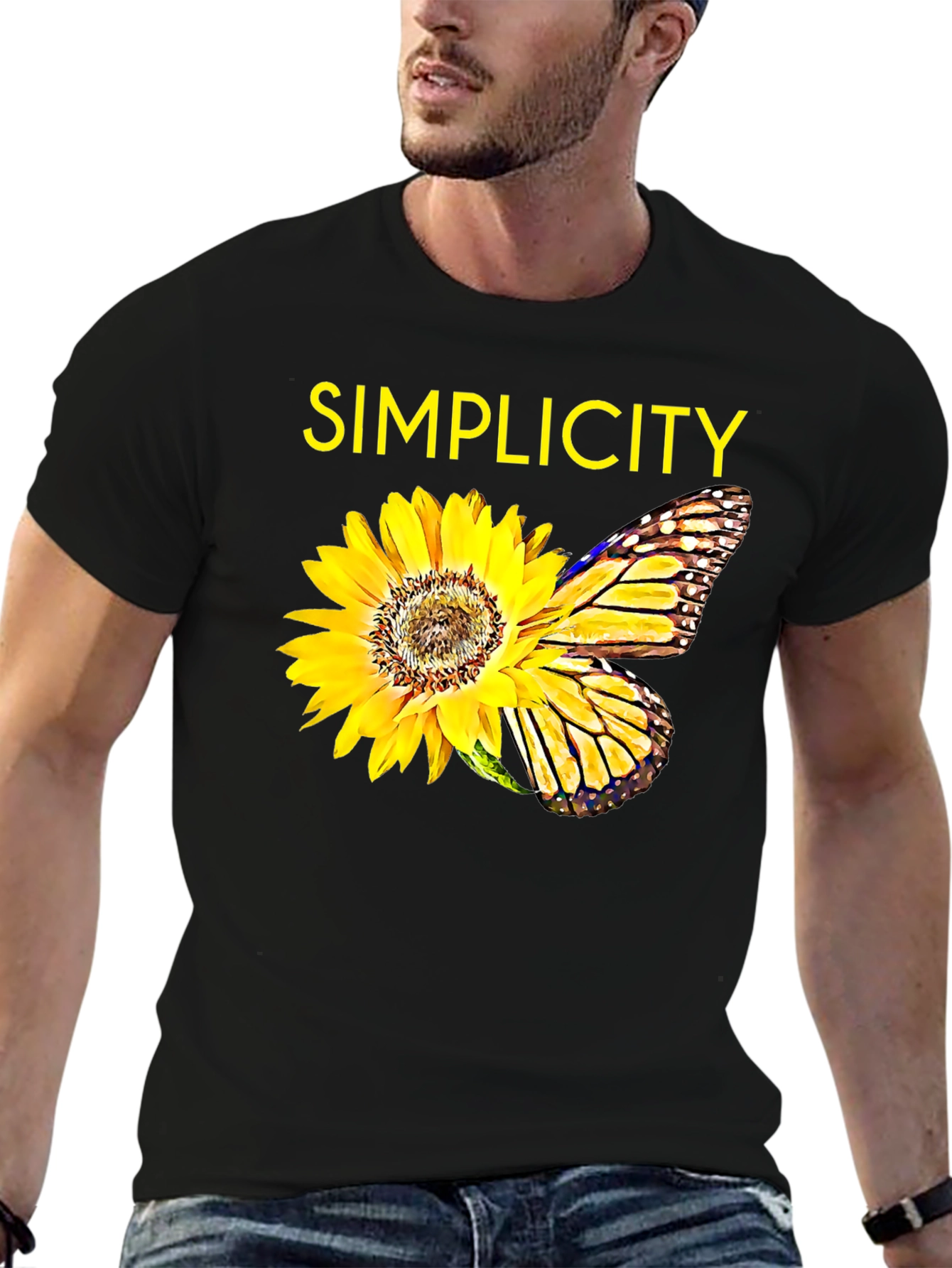 Simplicity Sunflower Butterfly Graphic Tee - Black