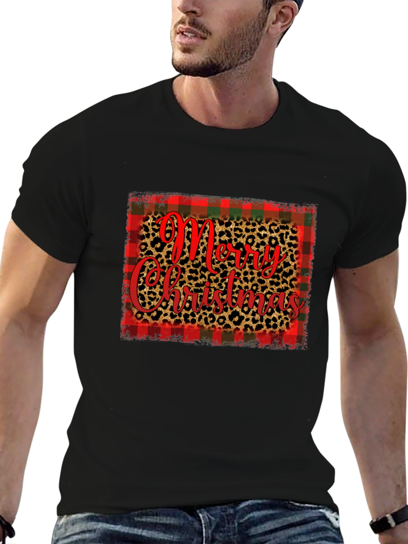 Merry Christmas Plaid & Leopard Print Graphic Tee