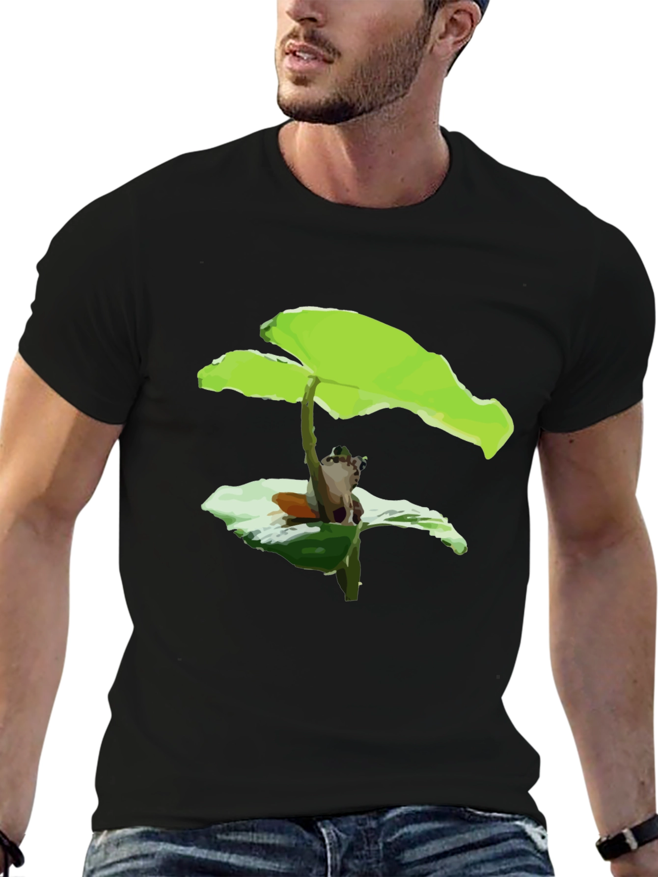 Frog Under Leaf Graphic Tee - Black Cotton Shirt