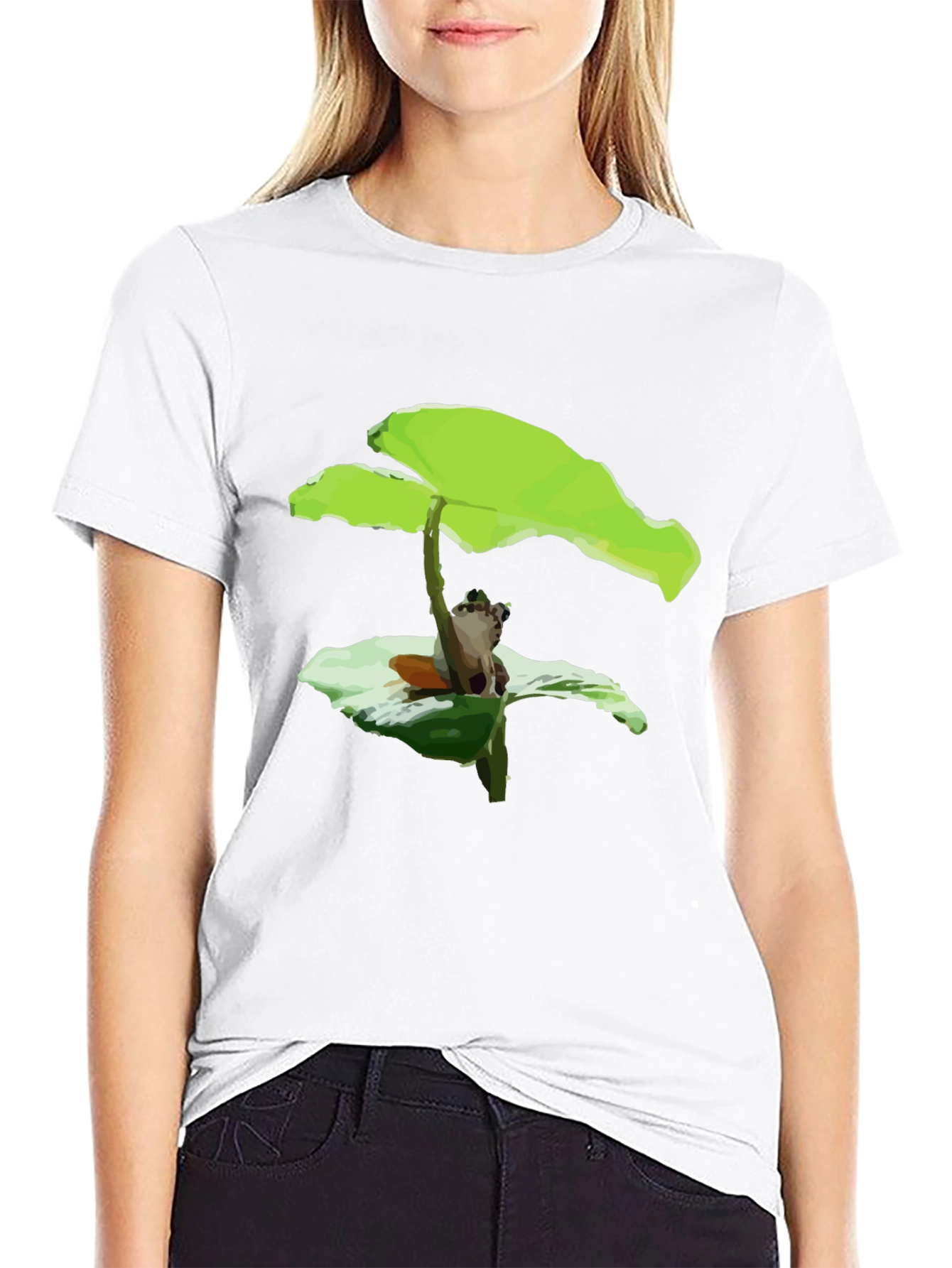 Frog Under Leaf Graphic Tee - Black Cotton Shirt