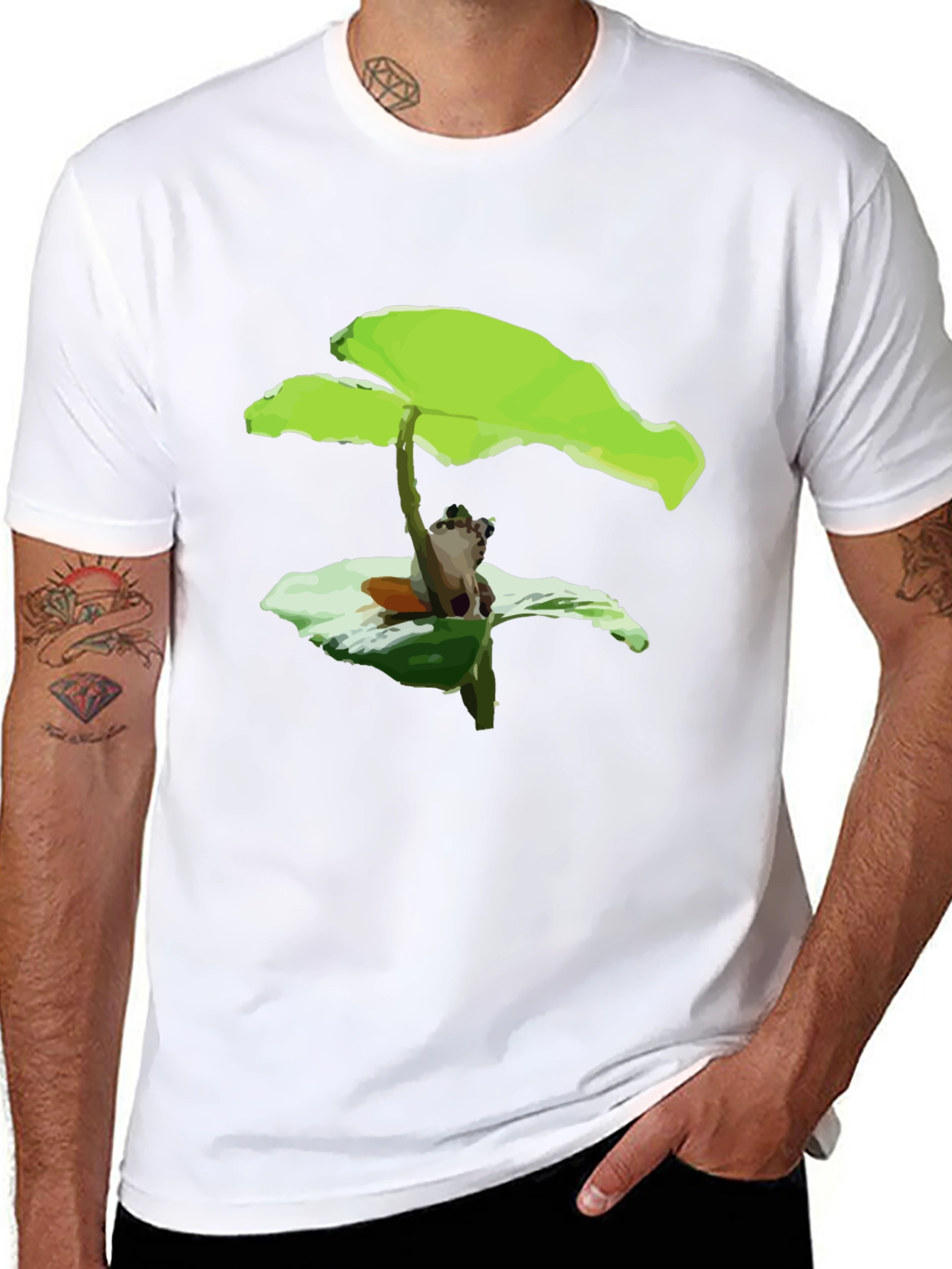 Frog Under Leaf Graphic Tee - Black Cotton Shirt