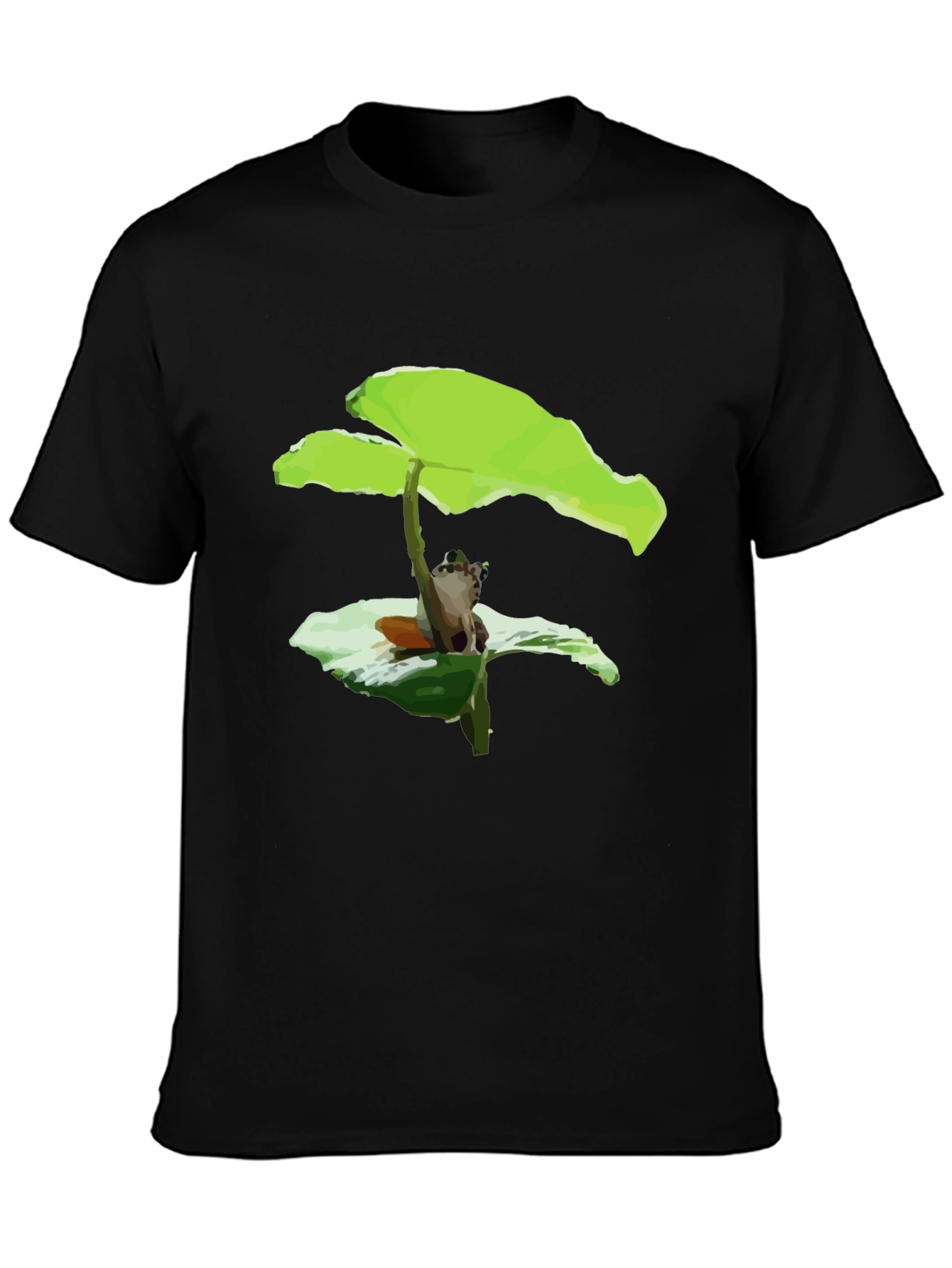 Frog Under Leaf Graphic Tee - Black Cotton Shirt