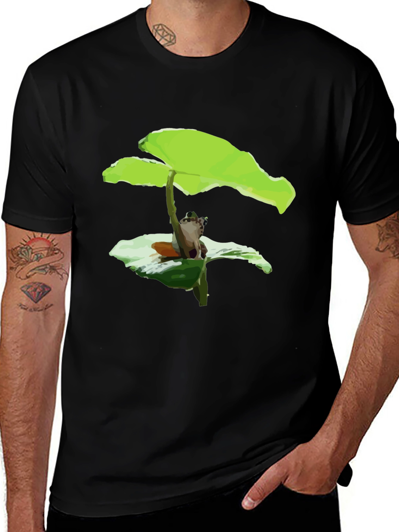 Frog Under Leaf Graphic Tee - Black Cotton Shirt
