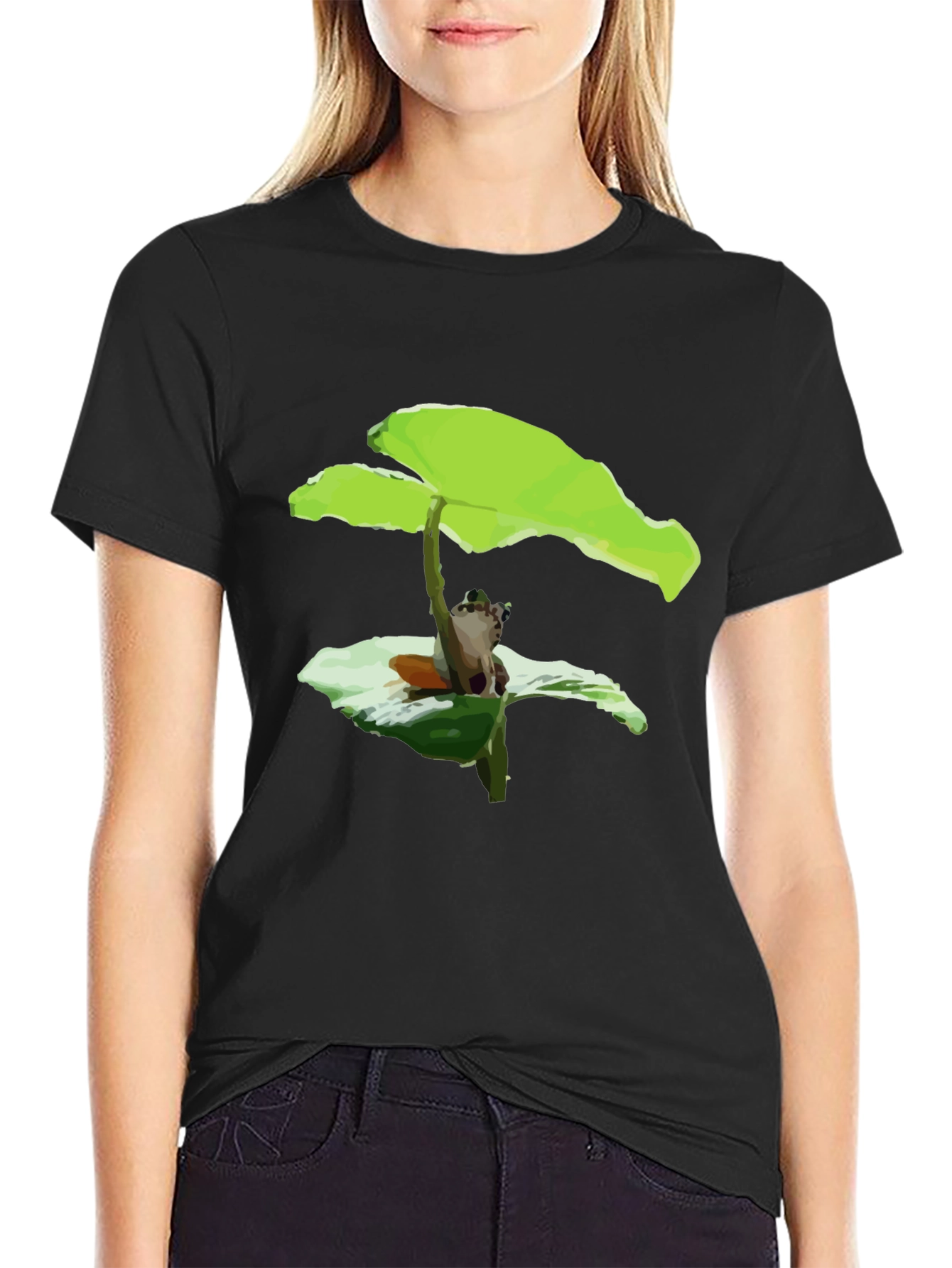 Frog Under Leaf Graphic Tee - Black Cotton Shirt