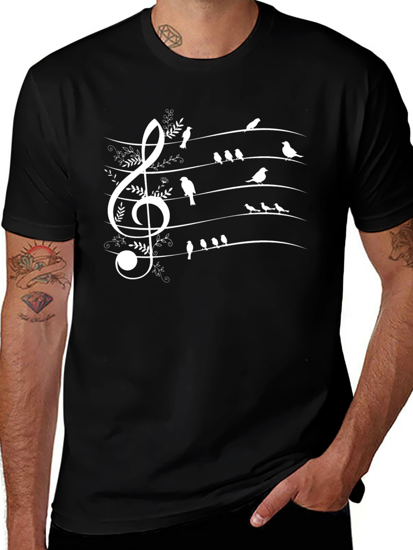 Musical Birds Staff Graphic T-Shirt - Black