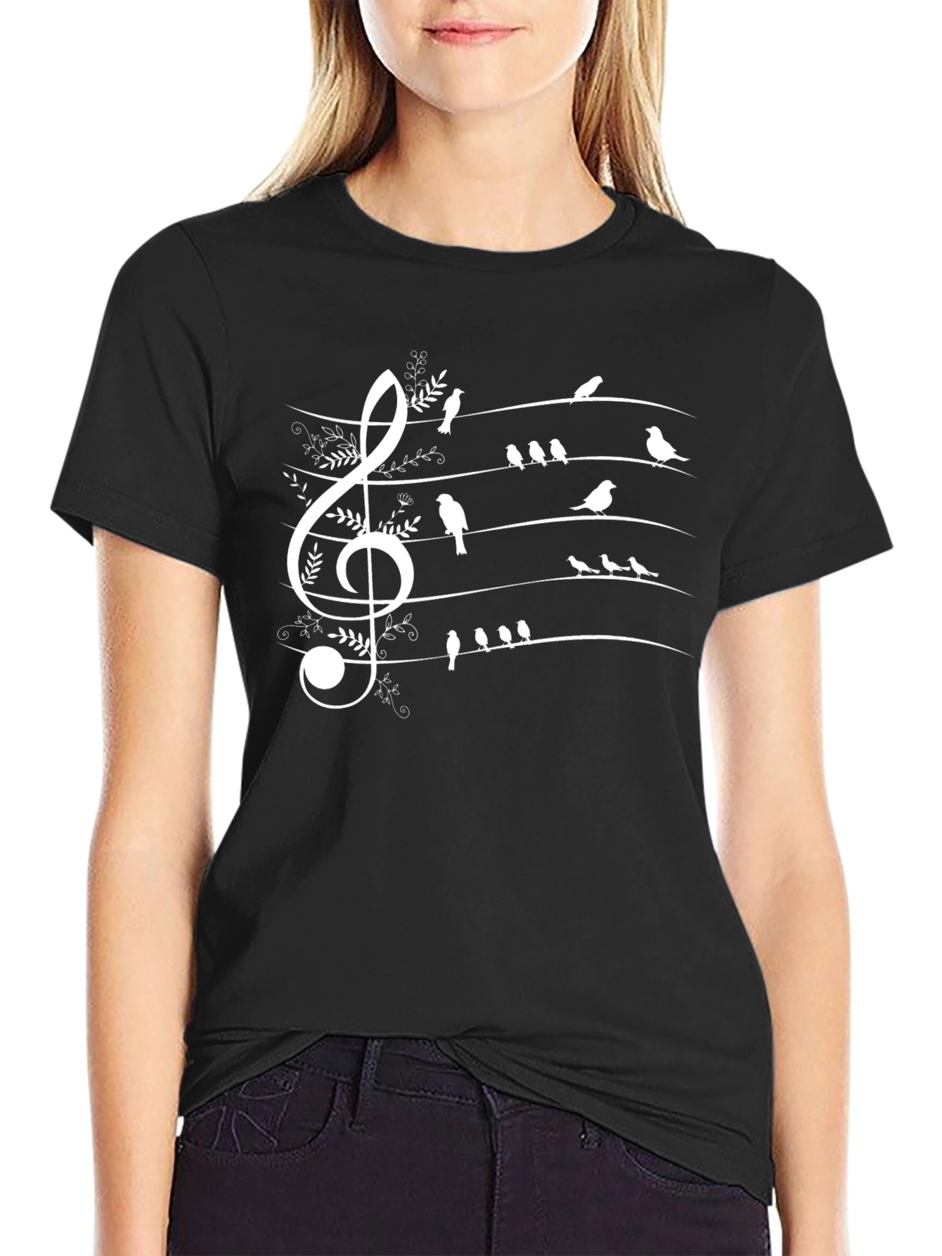 Musical Birds Staff Graphic T-Shirt - Black