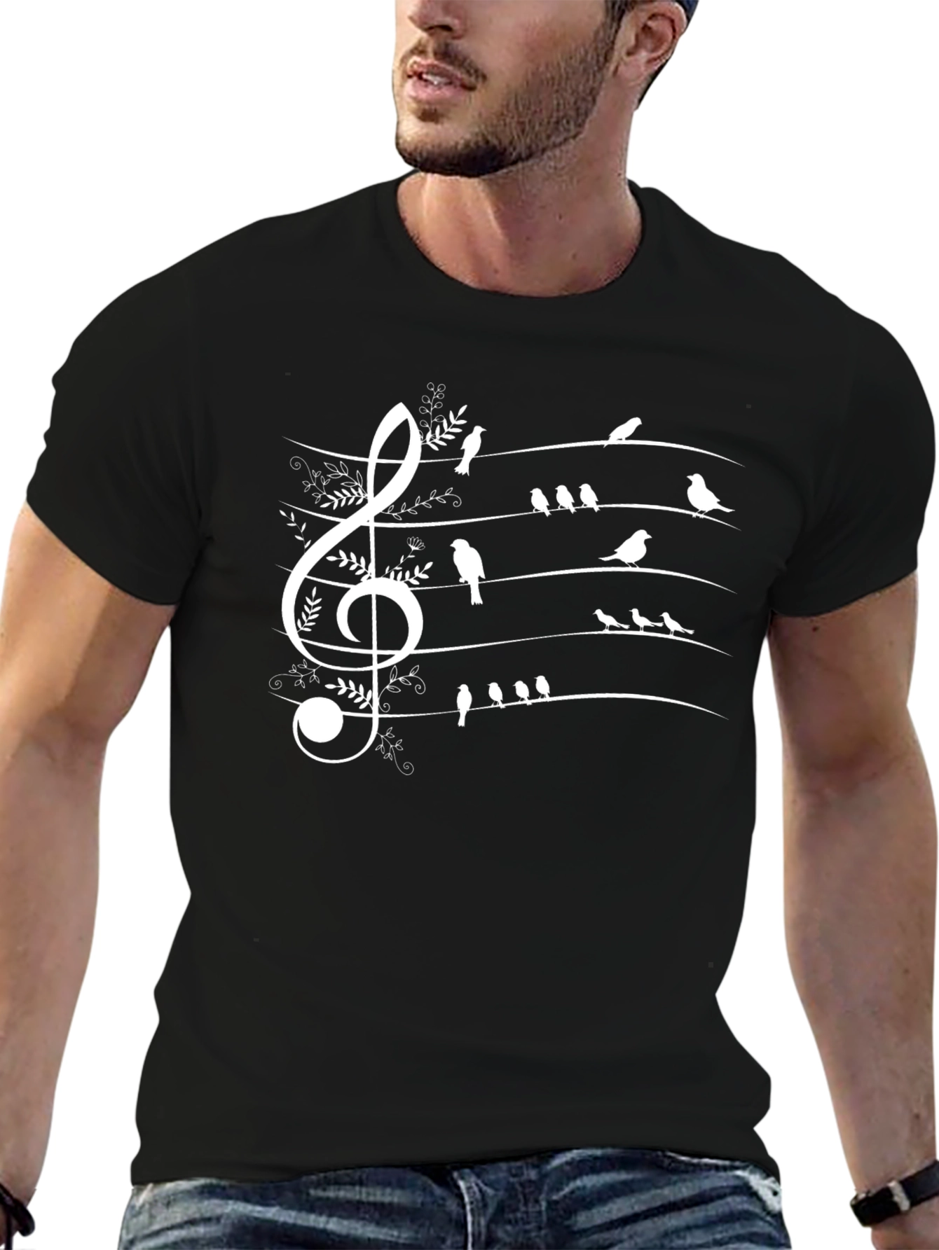 Musical Birds Staff Graphic T-Shirt - Black