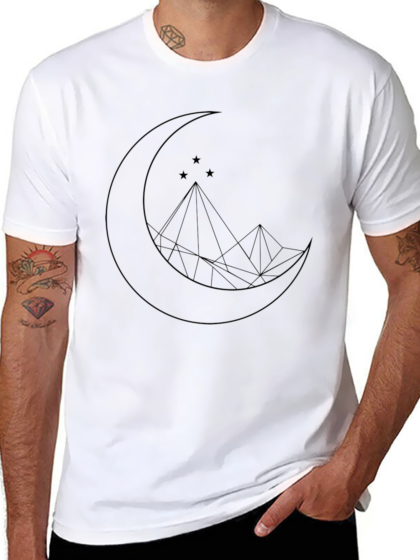 Geometric Moon & Mountain Graphic Tee - Black