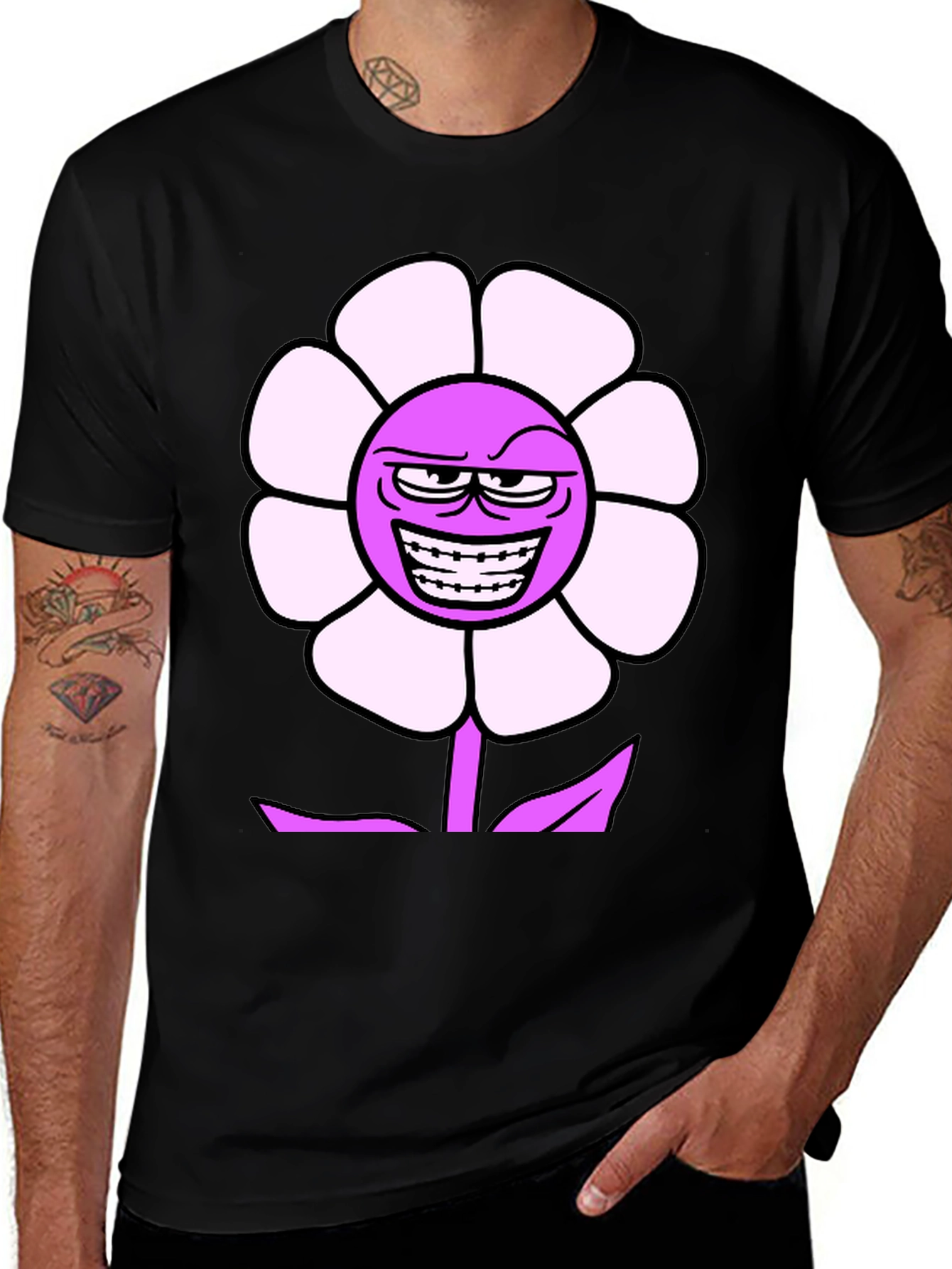 Mens Black T-Shirt with Funny Flower Graphic