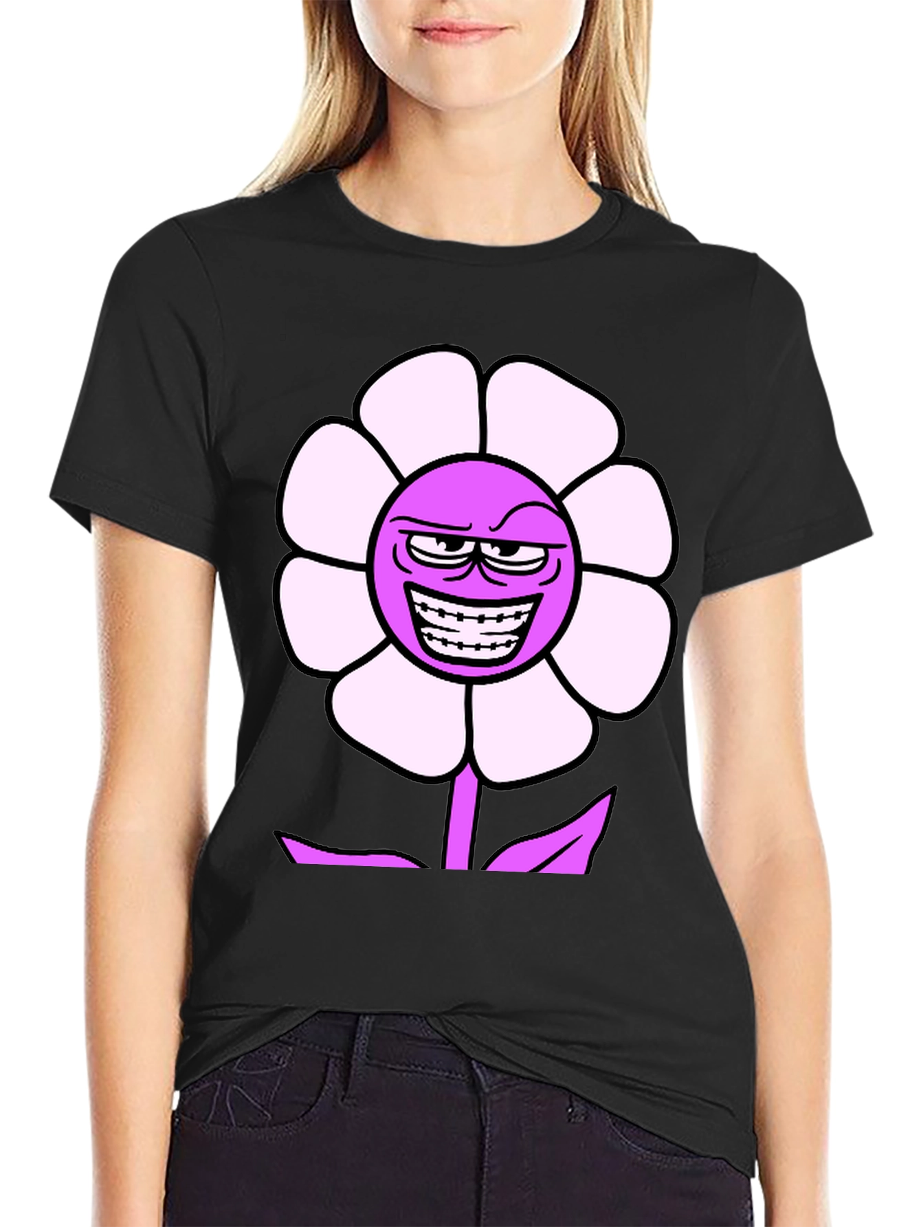 Mens Black T-Shirt with Funny Flower Graphic