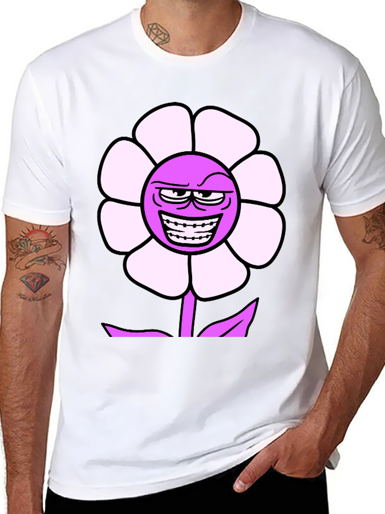 Mens Black T-Shirt with Funny Flower Graphic