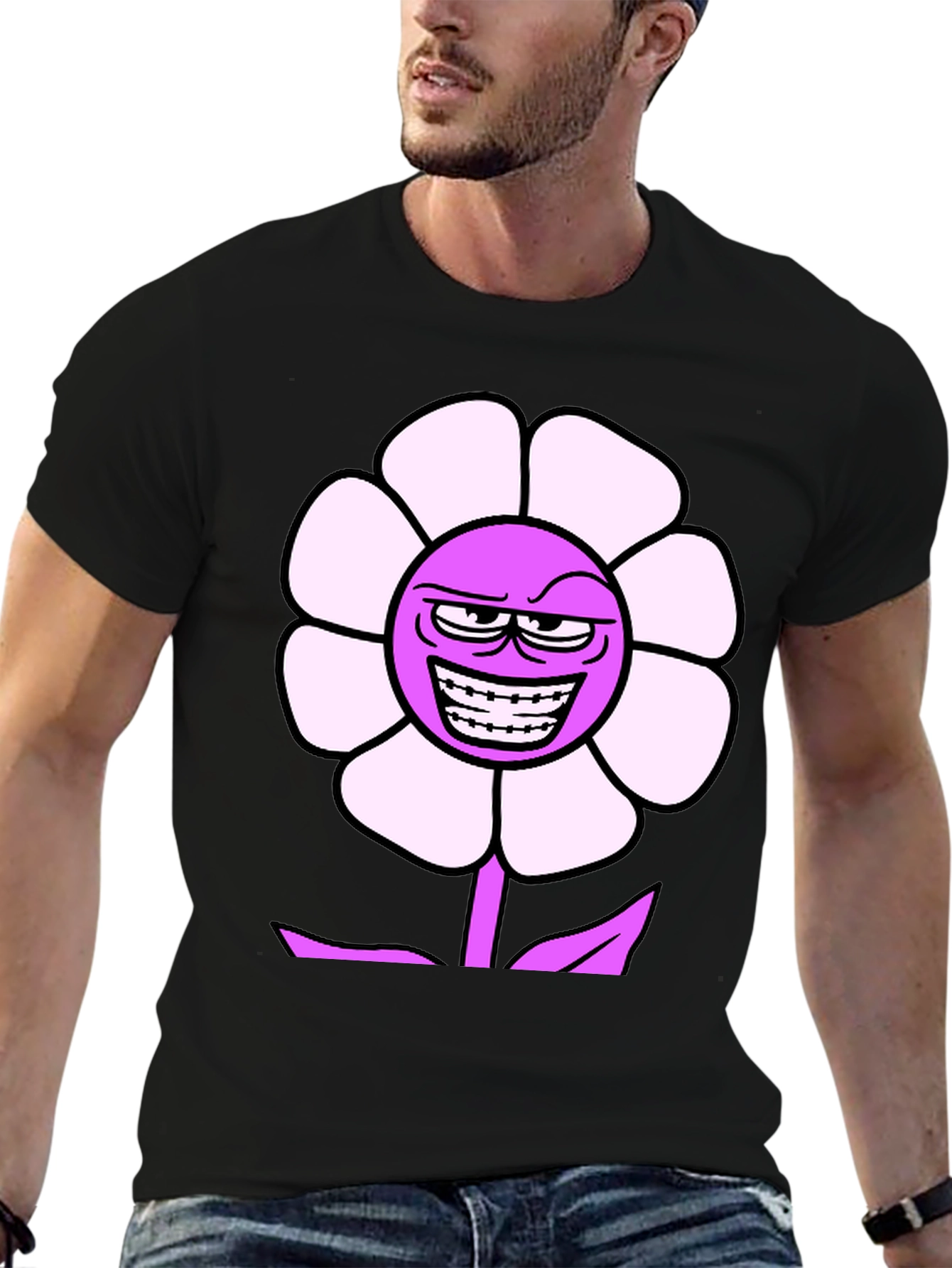 Mens Black T-Shirt with Funny Flower Graphic
