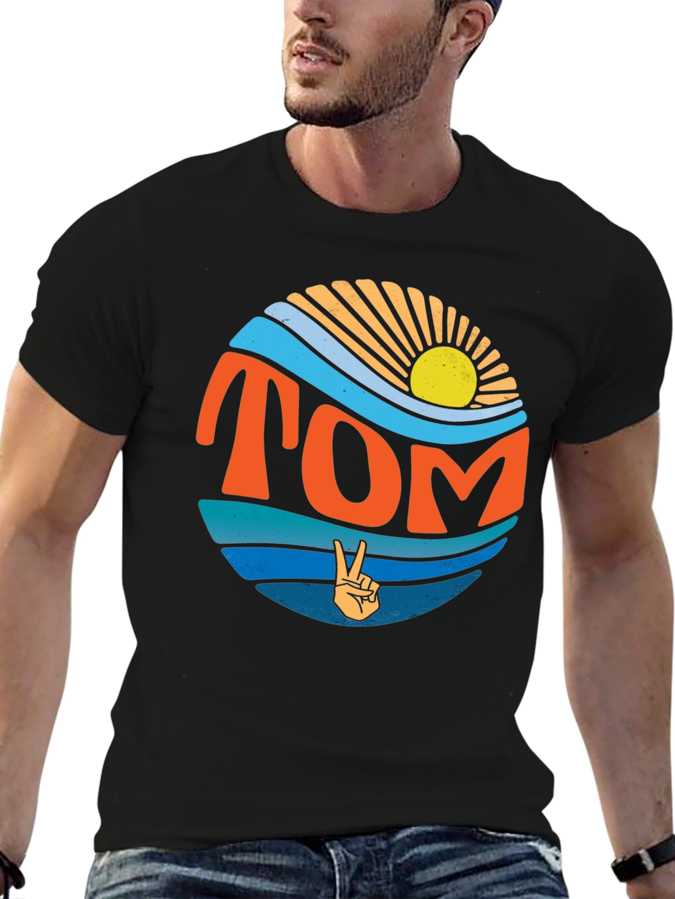Retro TOM Peace Sign Sun & Waves Graphic T-Shirt
