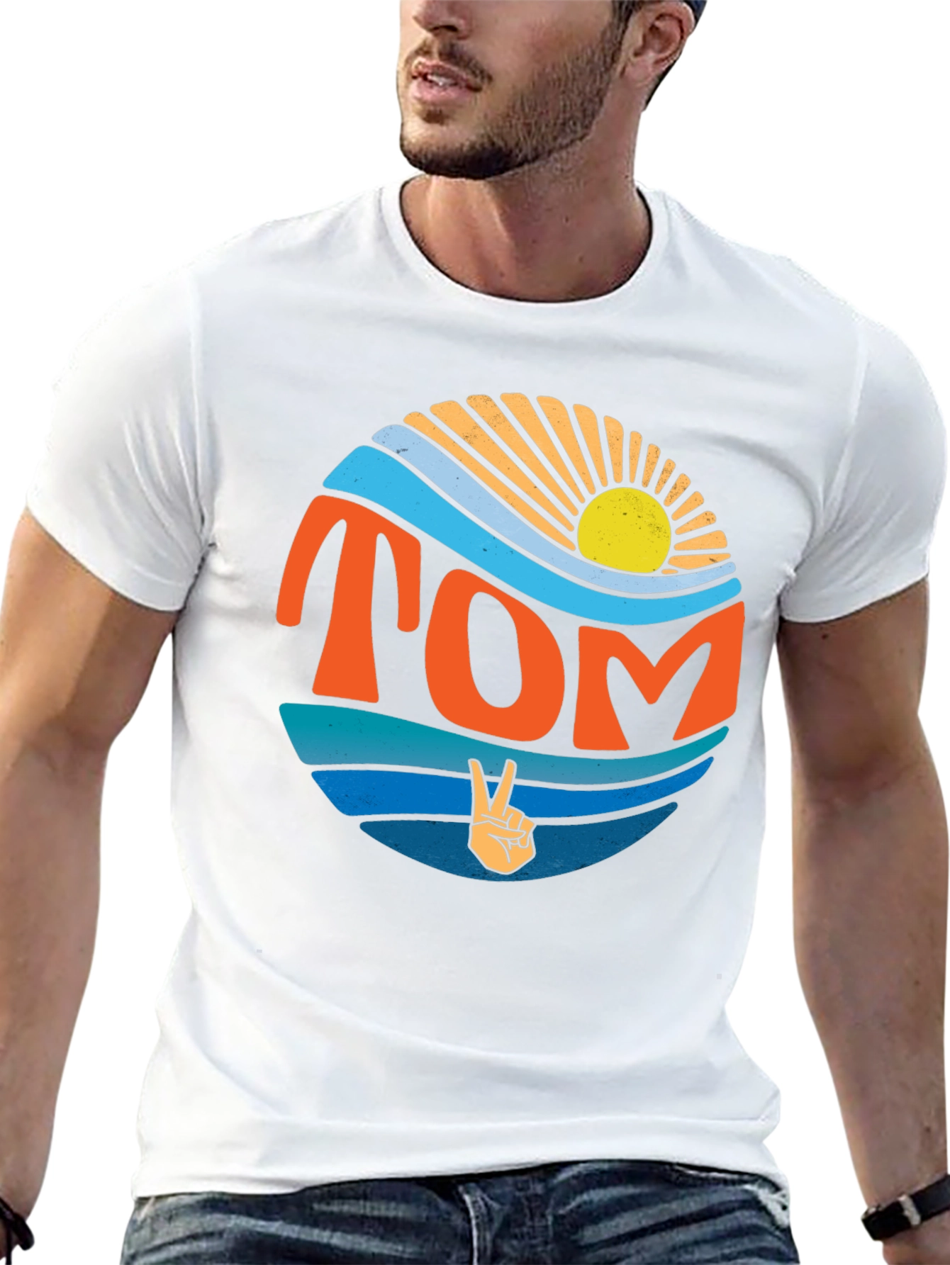 Retro TOM Peace Sign Sun & Waves Graphic T-Shirt