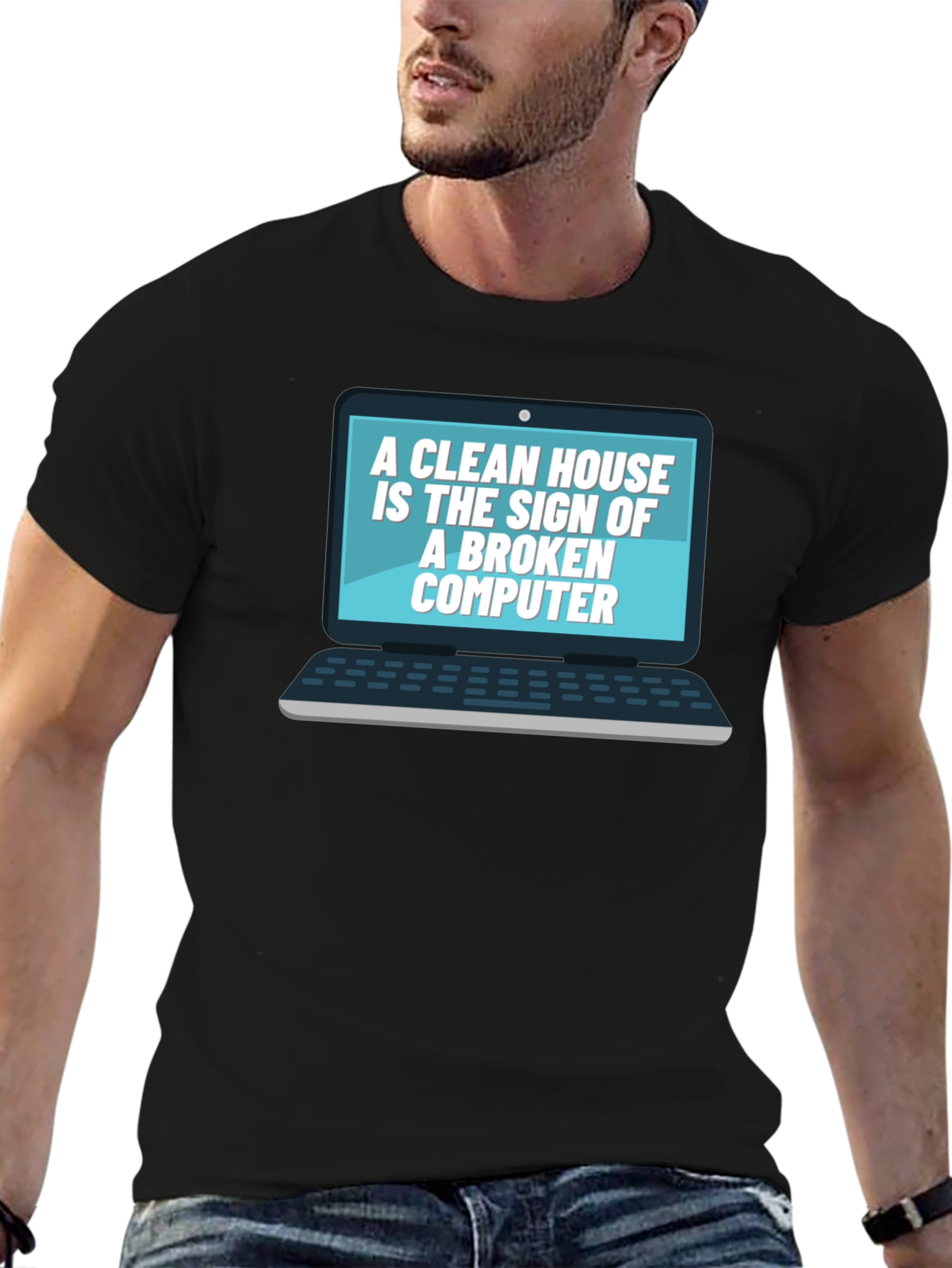 Broken Computer Clean House Black T-Shirt