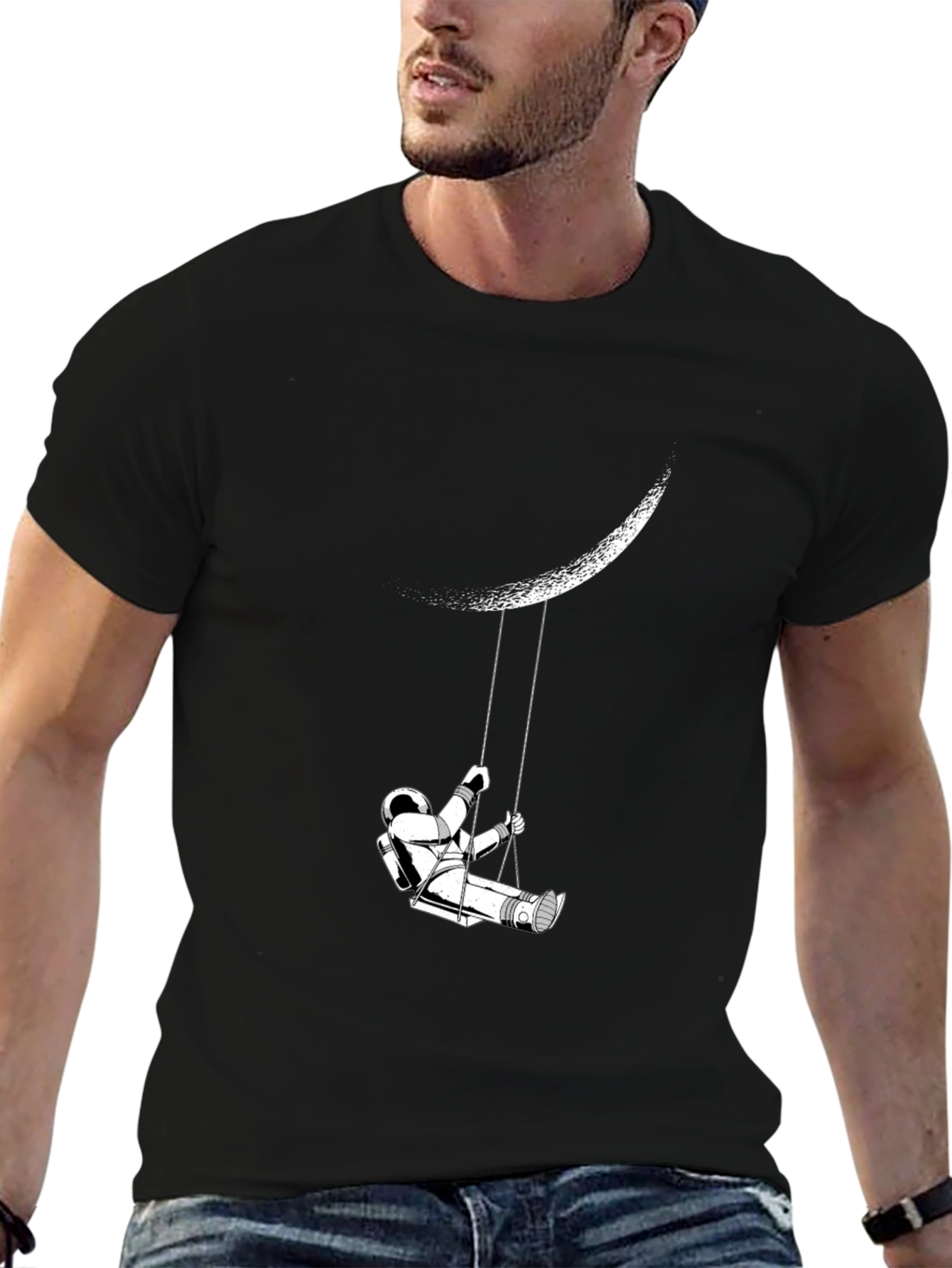 Astronaut Moon Swing Graphic Tee - Stylish Black T-Shirt