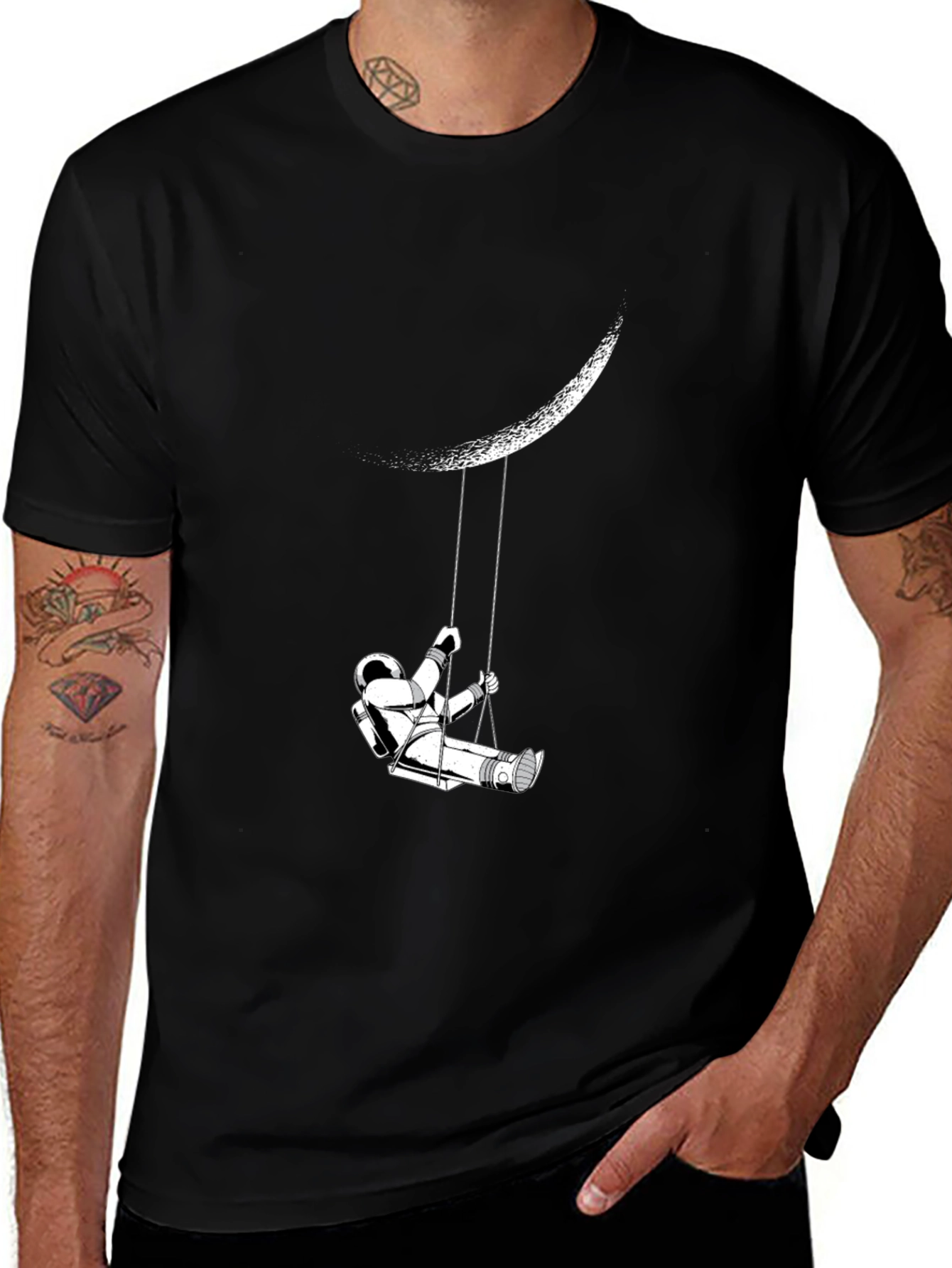 Astronaut Moon Swing Graphic Tee - Stylish Black T-Shirt