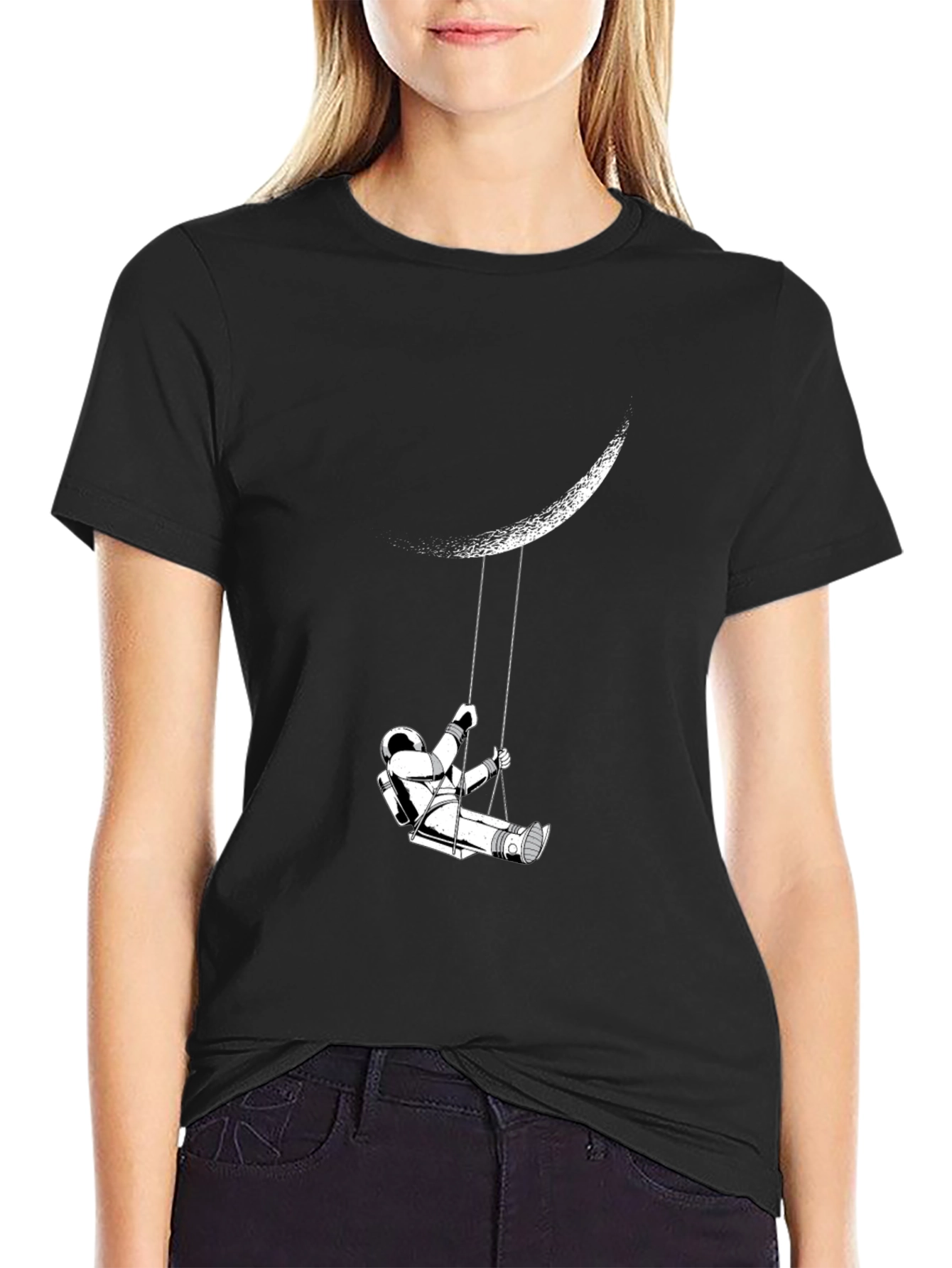 Astronaut Moon Swing Graphic Tee - Stylish Black T-Shirt
