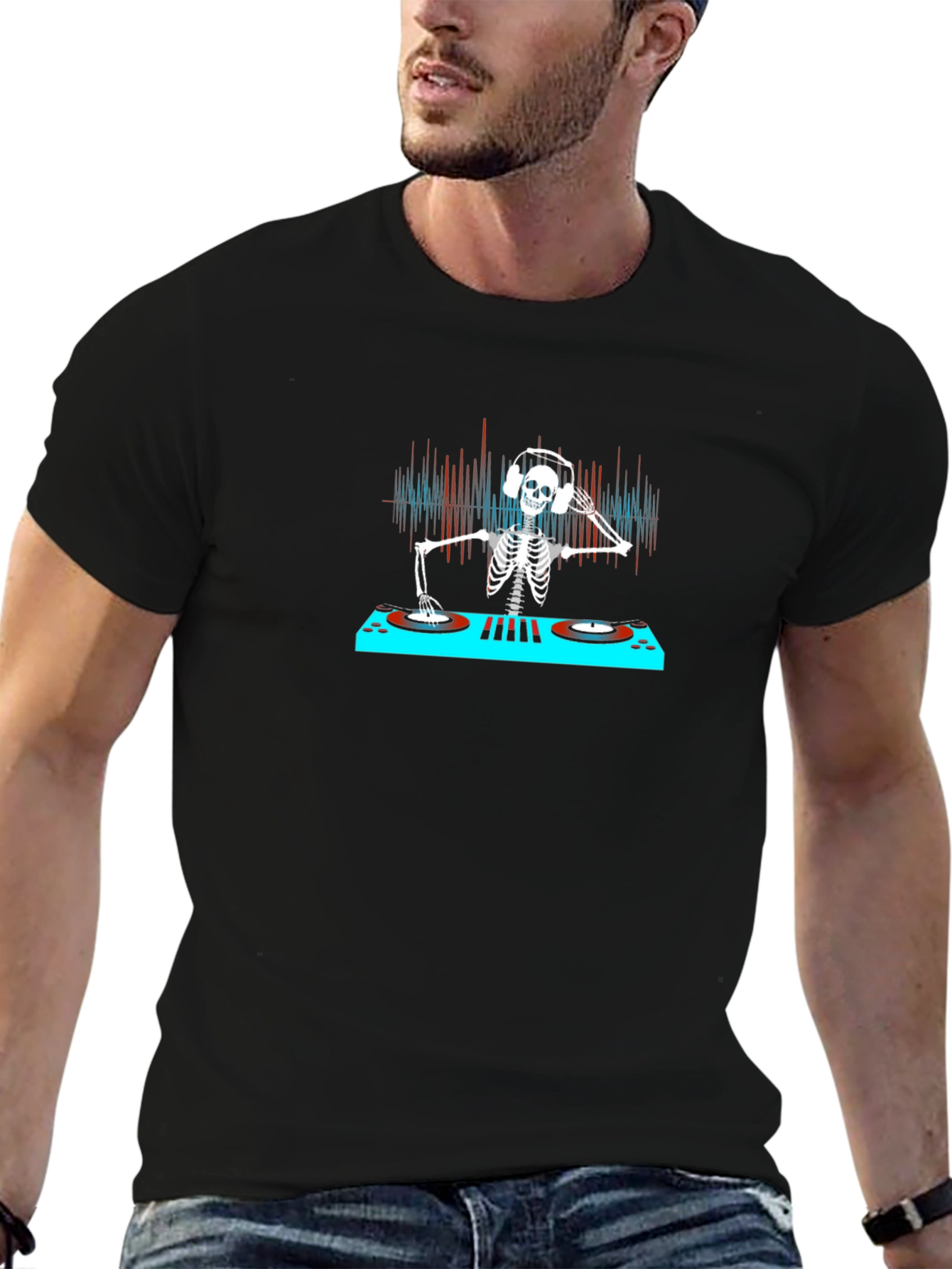 DJ Skeleton Graphic Tee - Black Cotton T-Shirt