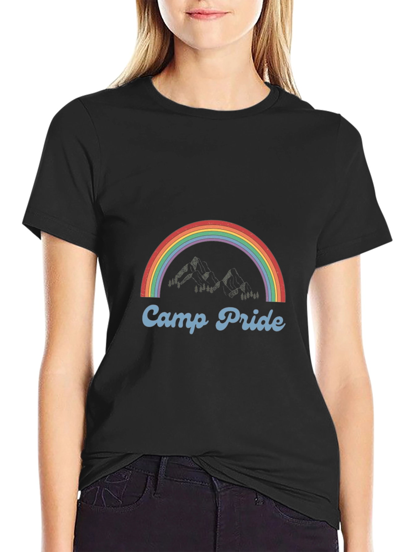 Camp Pride Rainbow Graphic Tee - Black Cotton T-Shirt