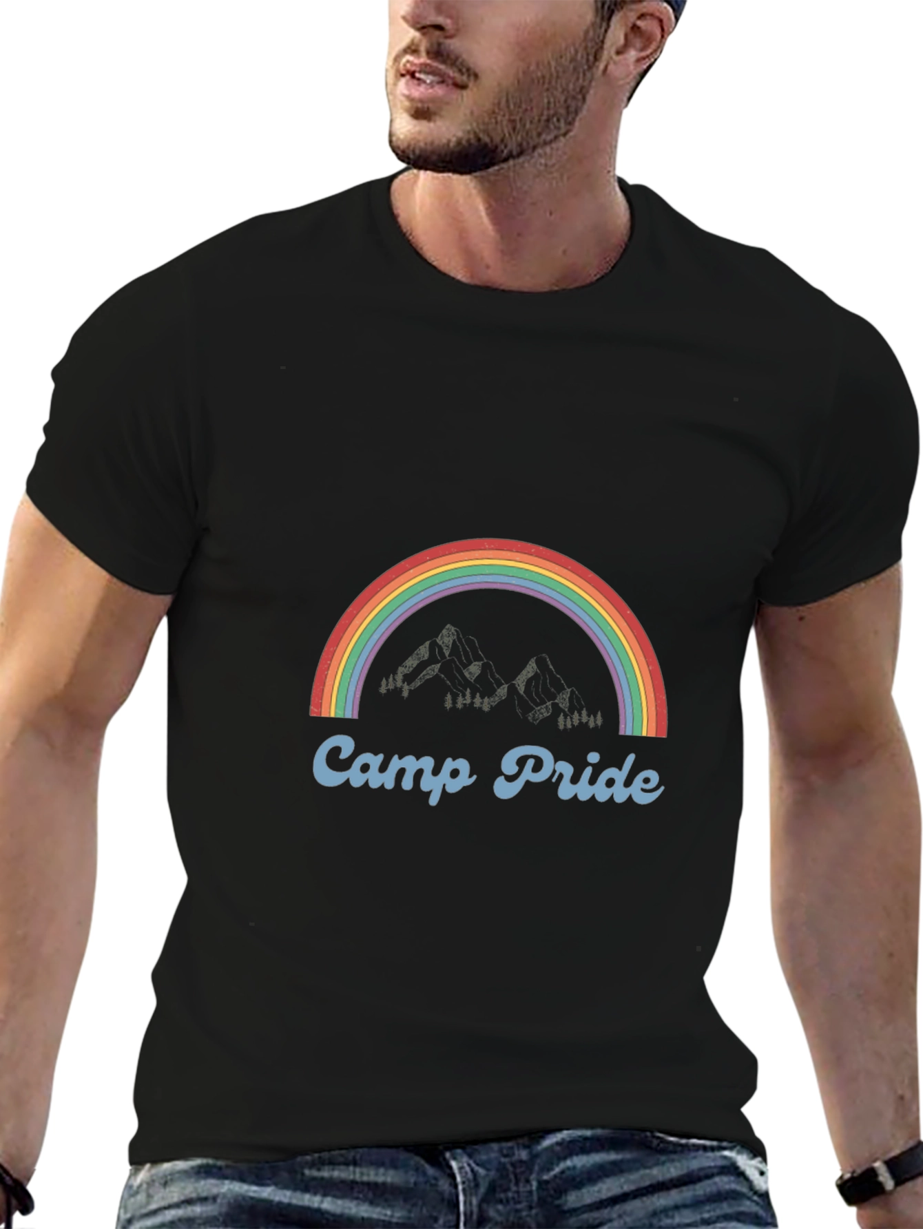 Camp Pride Rainbow Graphic Tee - Black Cotton T-Shirt