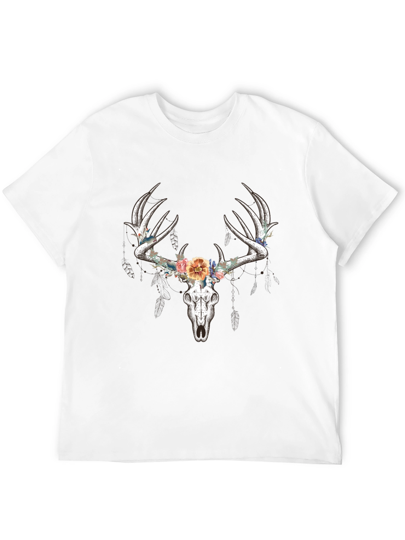 Floral Deer Skull Graphic T-Shirt - Black