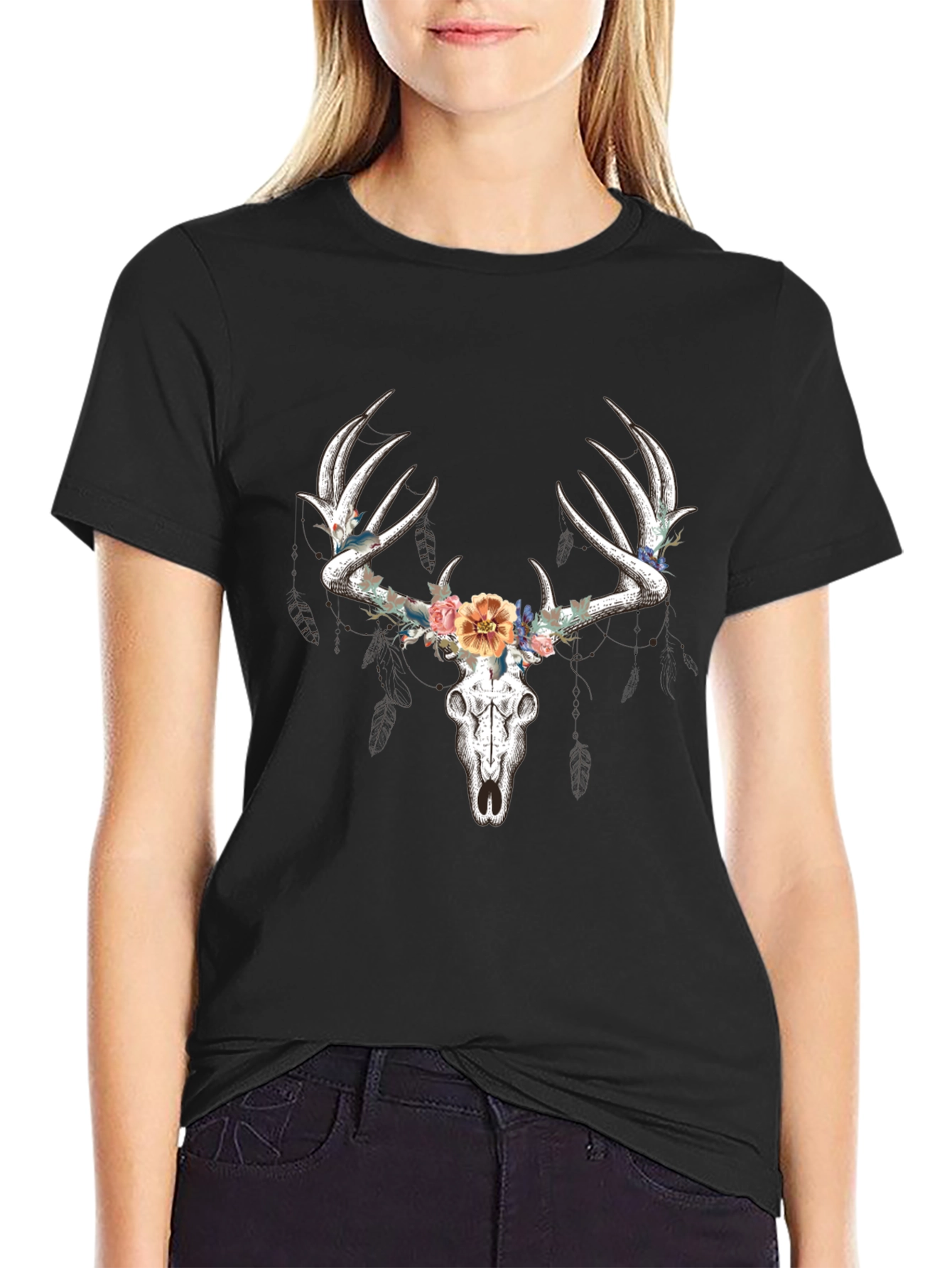 Floral Deer Skull Graphic T-Shirt - Black