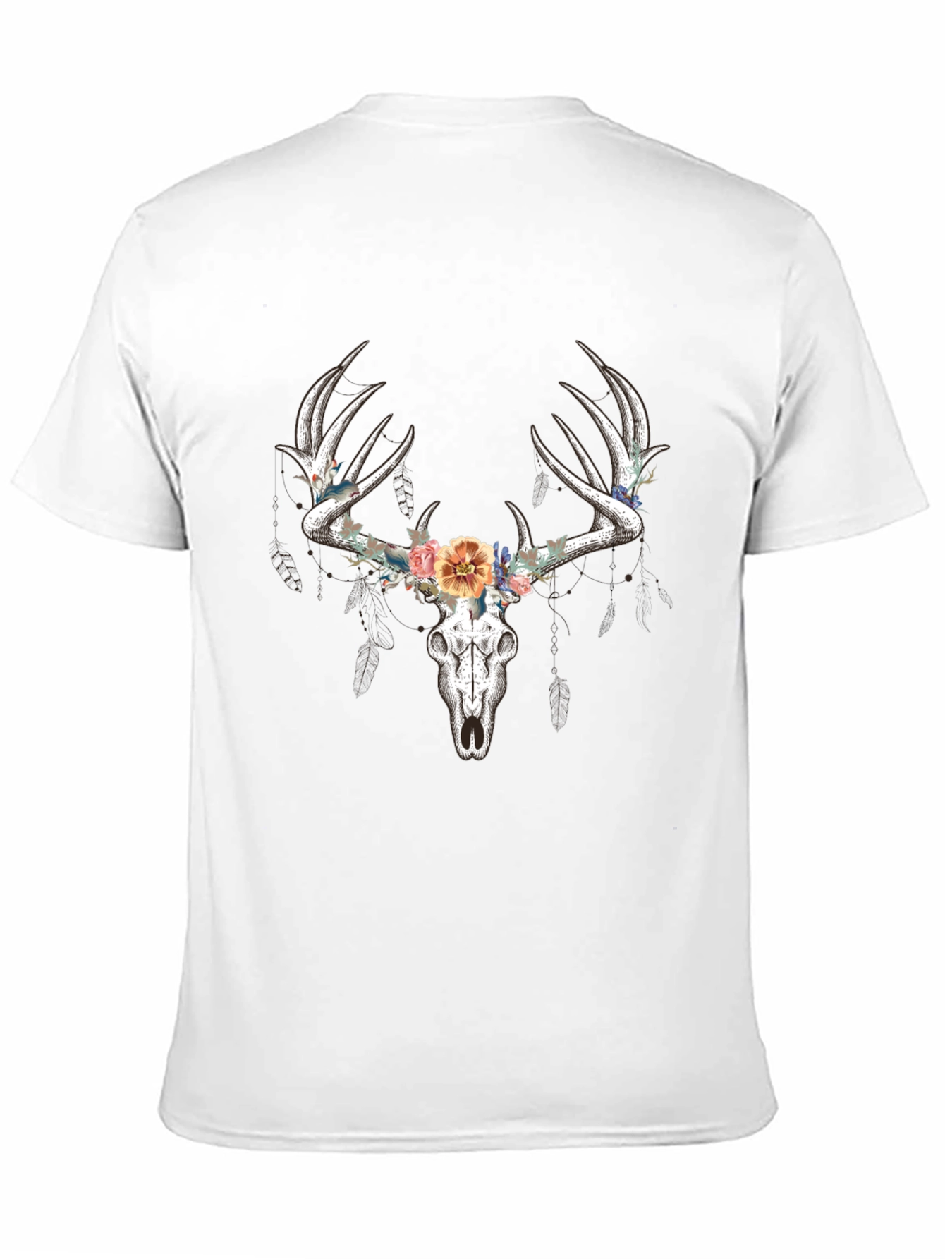 Floral Deer Skull Graphic T-Shirt - Black