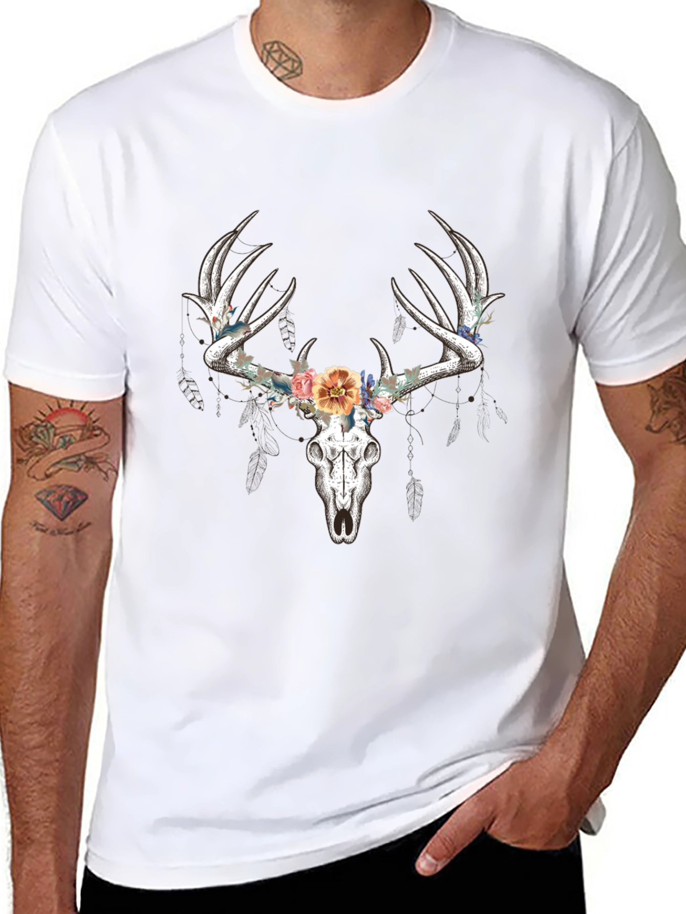 Floral Deer Skull Graphic T-Shirt - Black