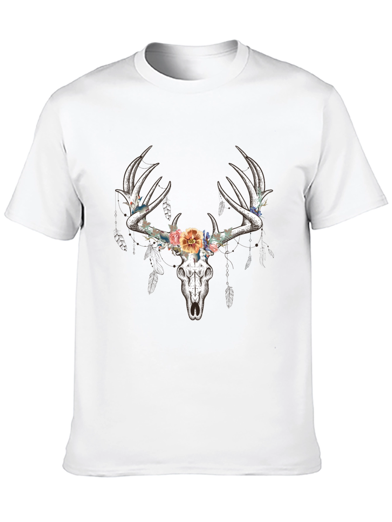 Floral Deer Skull Graphic T-Shirt - Black