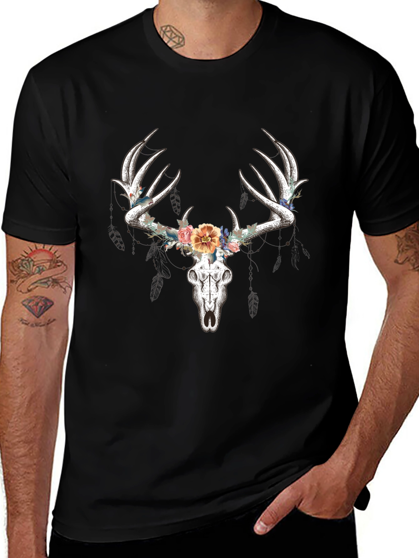 Floral Deer Skull Graphic T-Shirt - Black