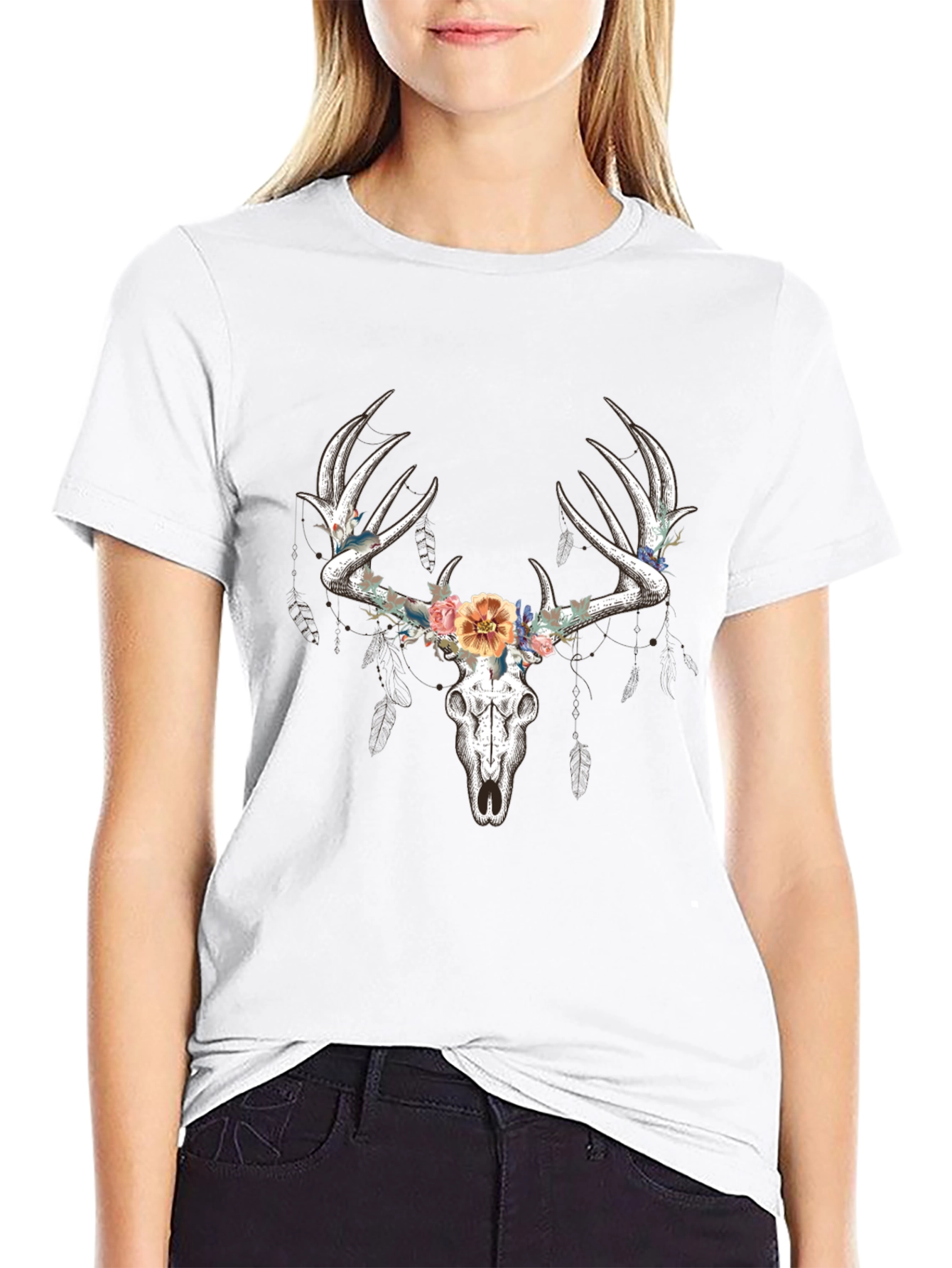Floral Deer Skull Graphic T-Shirt - Black