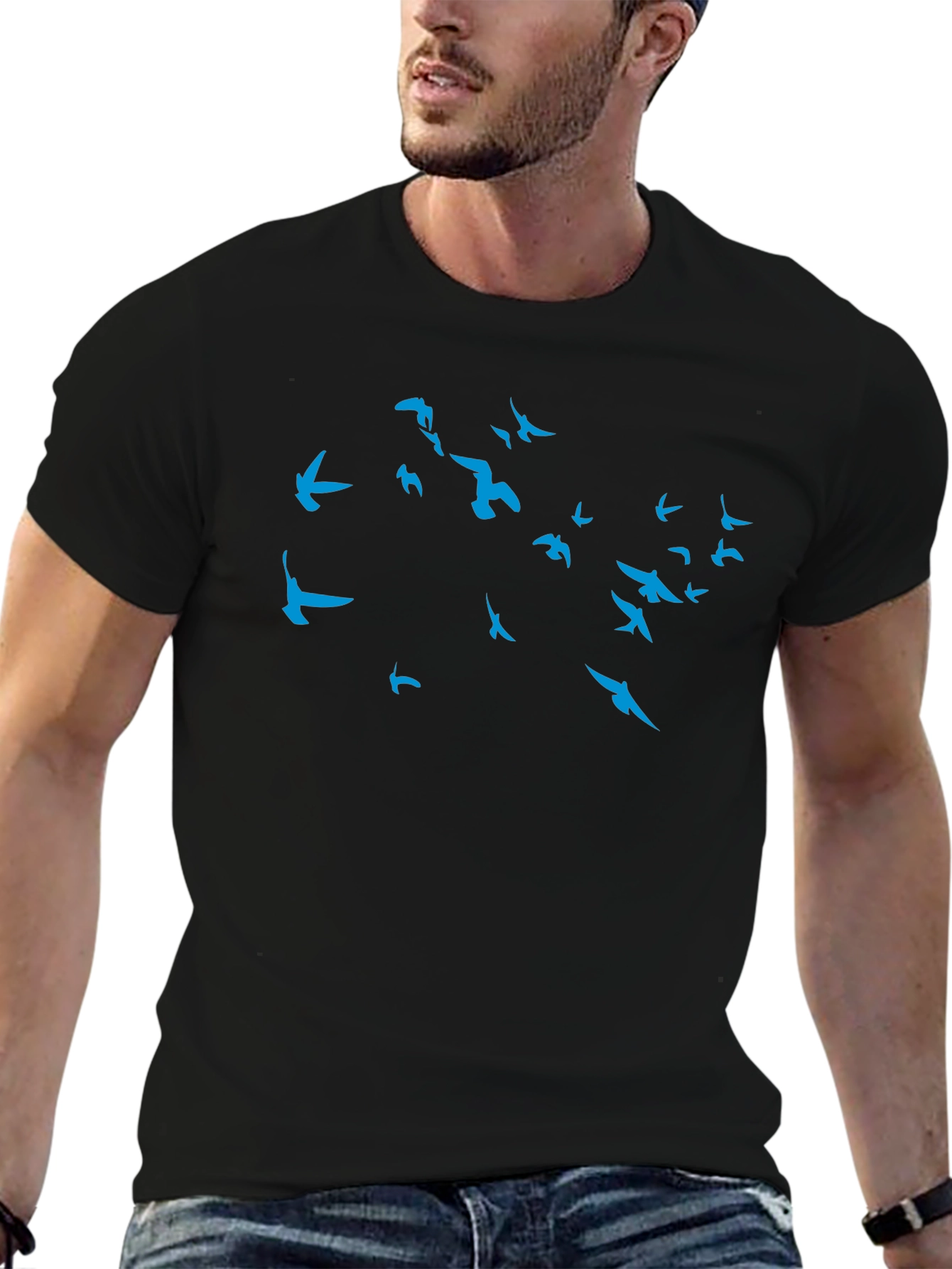Mens Black T-Shirt with Blue Bird Design