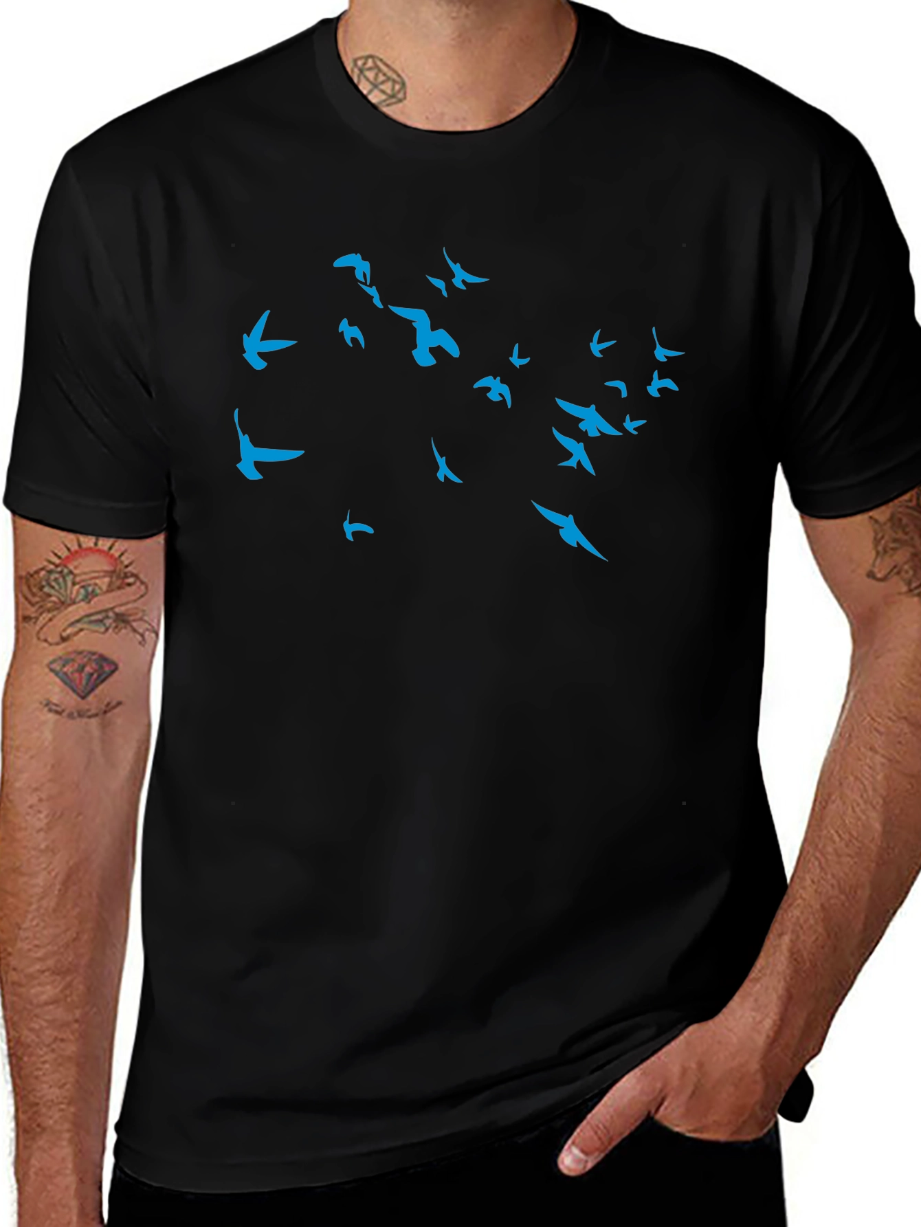 Mens Black T-Shirt with Blue Bird Design