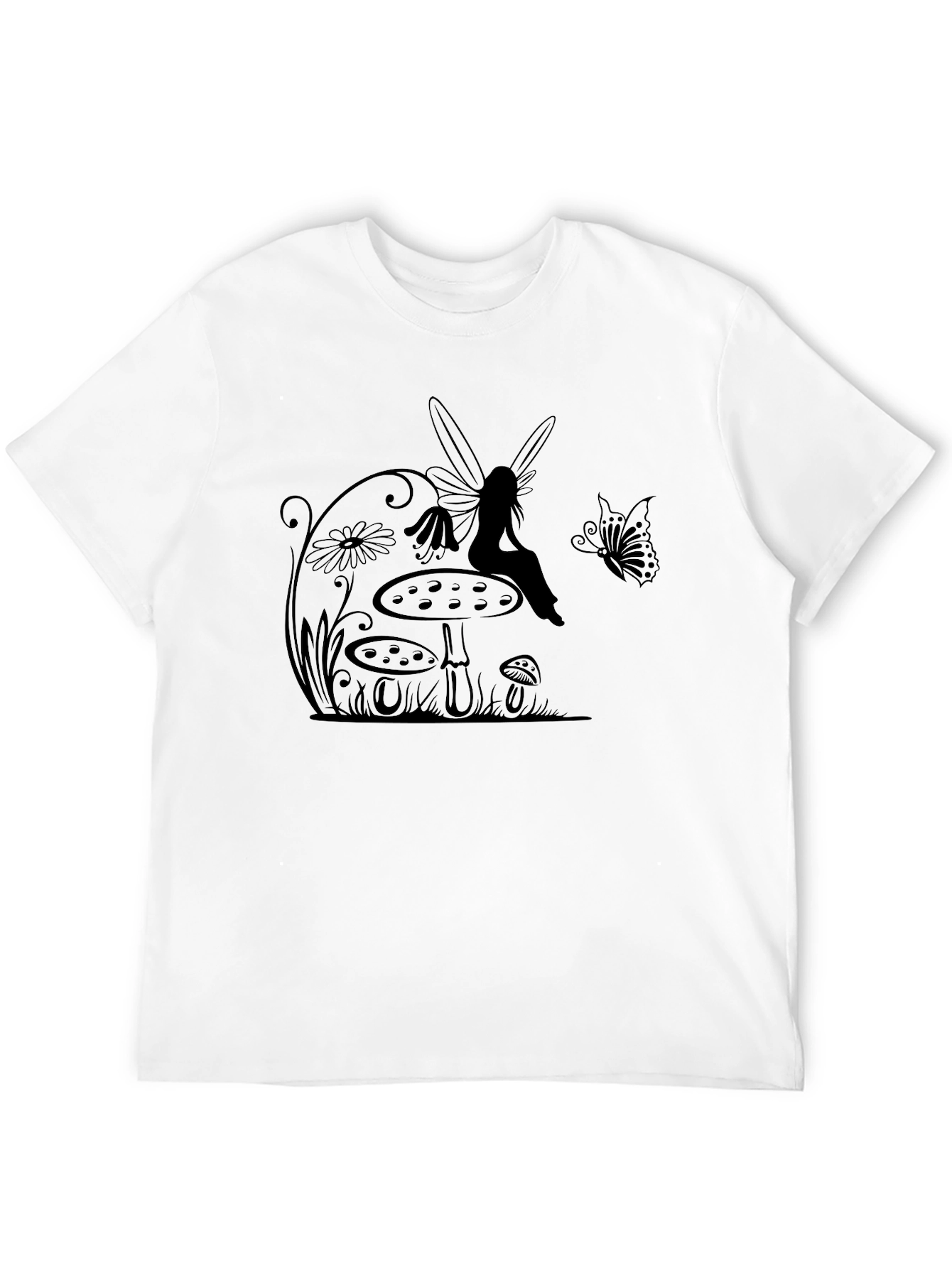 Fairy & Mushroom Graphic Tee - Black Cotton T-Shirt
