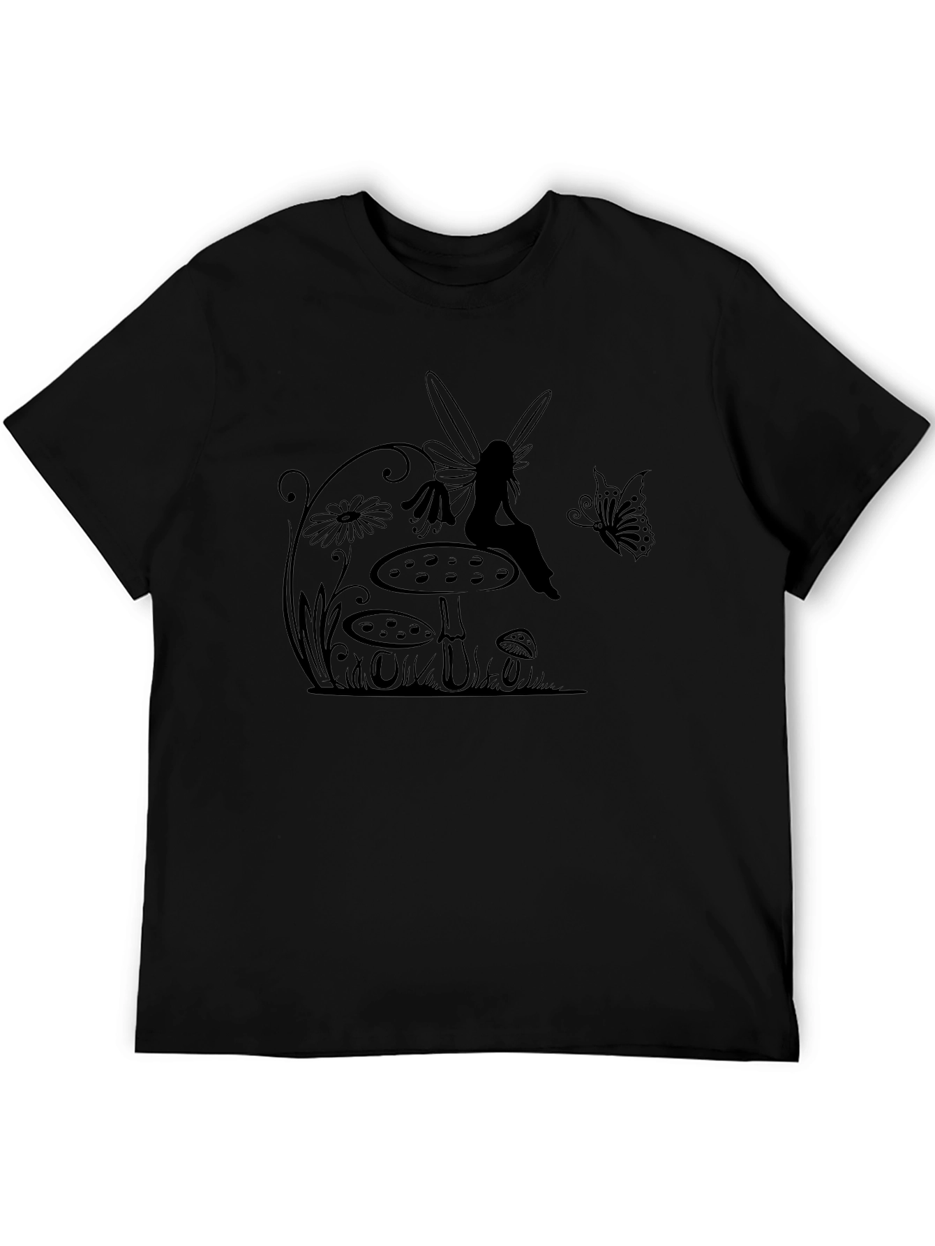 Fairy & Mushroom Graphic Tee - Black Cotton T-Shirt