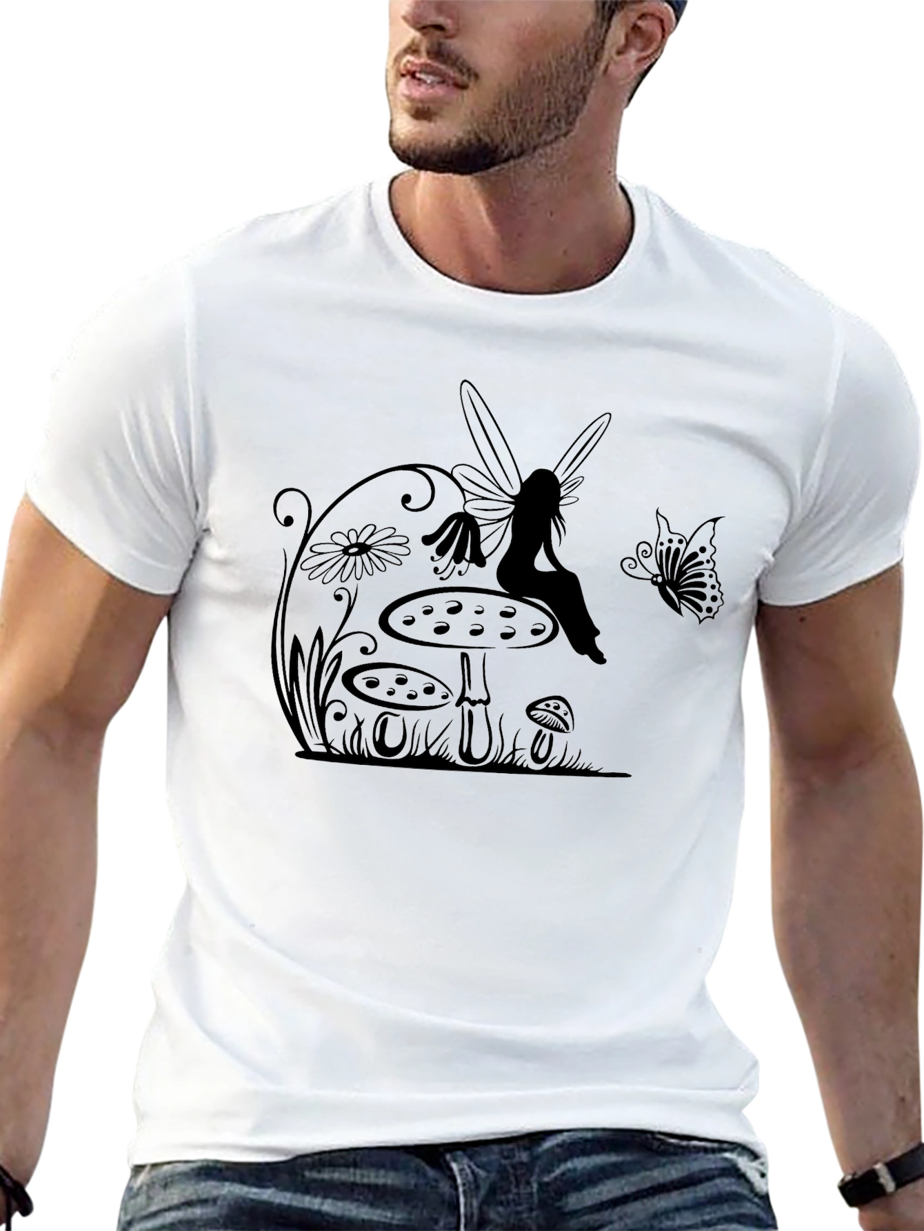 Fairy & Mushroom Graphic Tee - Black Cotton T-Shirt
