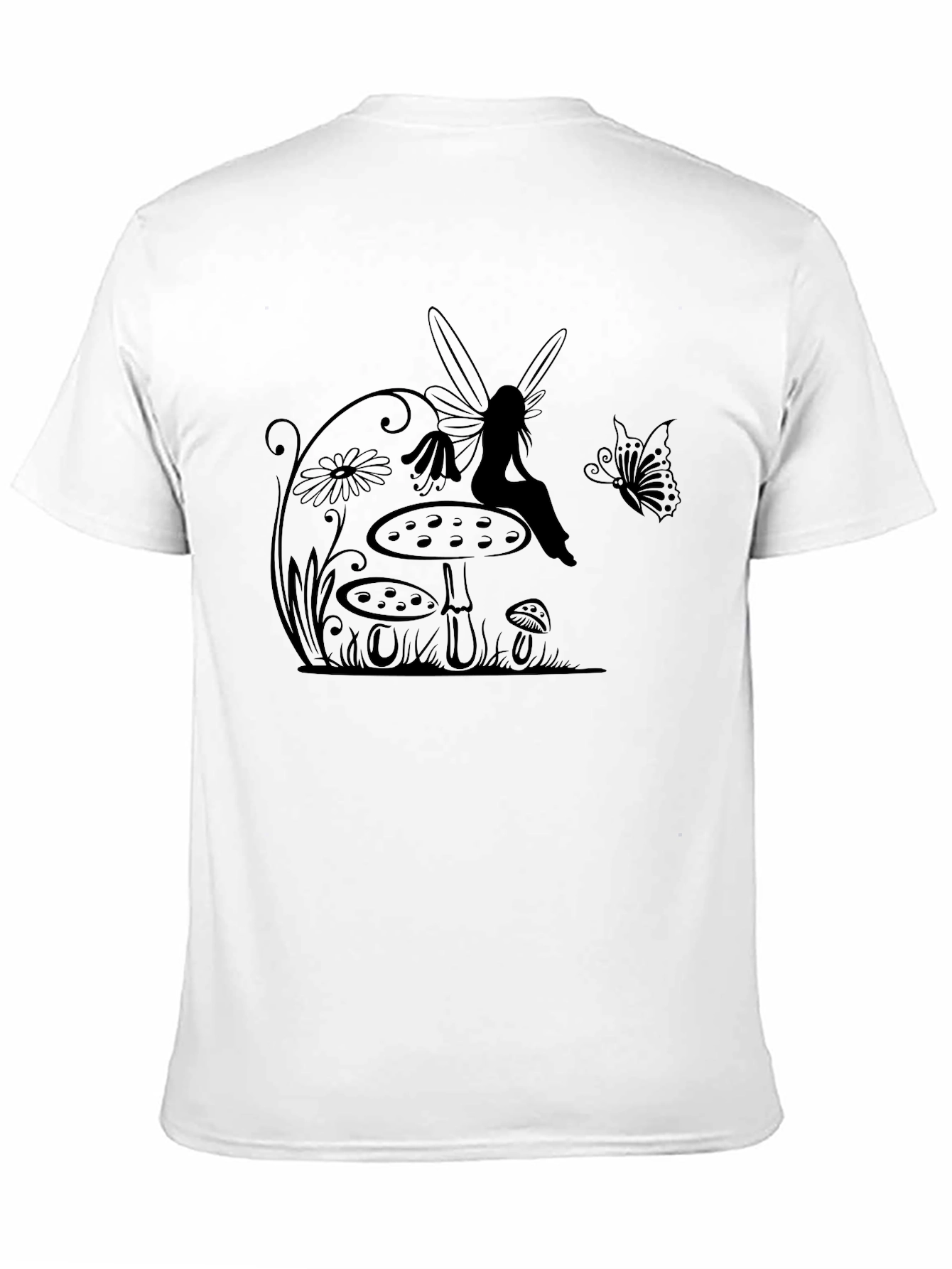 Fairy & Mushroom Graphic Tee - Black Cotton T-Shirt
