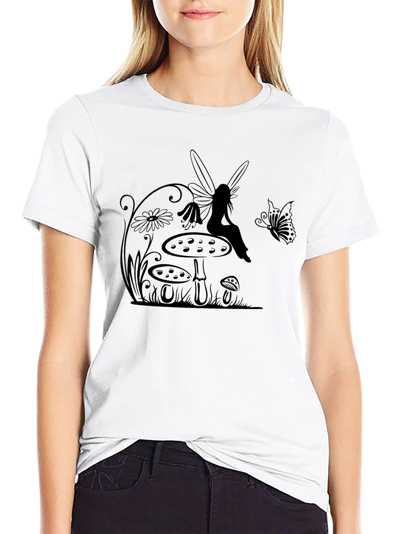 Fairy & Mushroom Graphic Tee - Black Cotton T-Shirt
