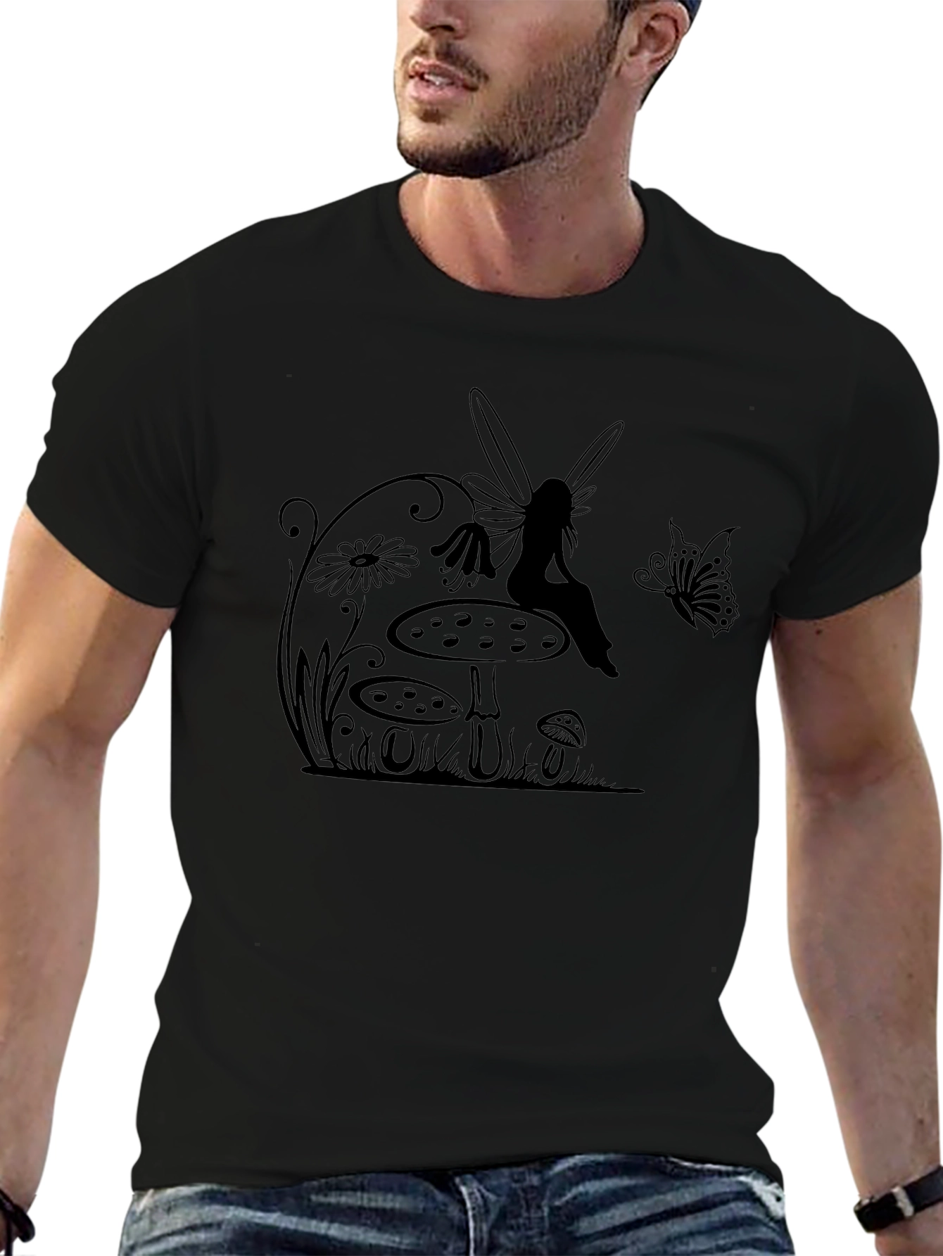 Fairy & Mushroom Graphic Tee - Black Cotton T-Shirt