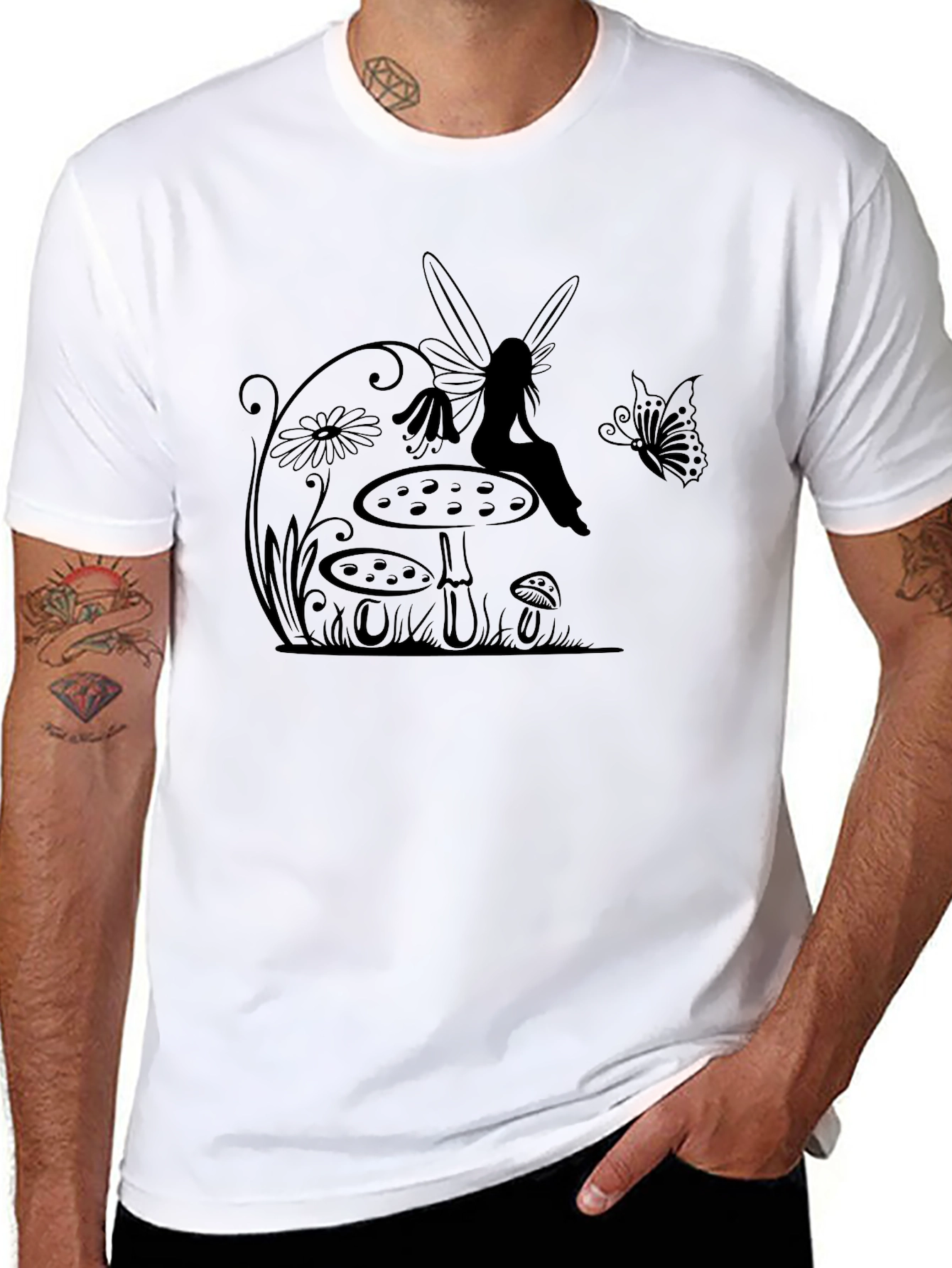 Fairy & Mushroom Graphic Tee - Black Cotton T-Shirt
