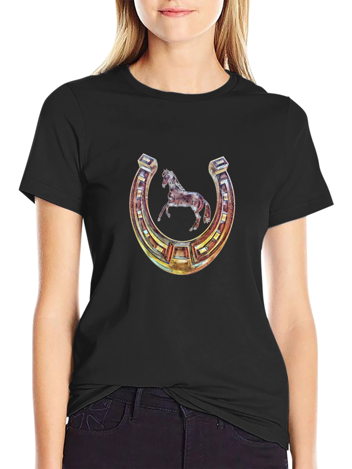 Lucky Horseshoe Horse Graphic Tee - Black