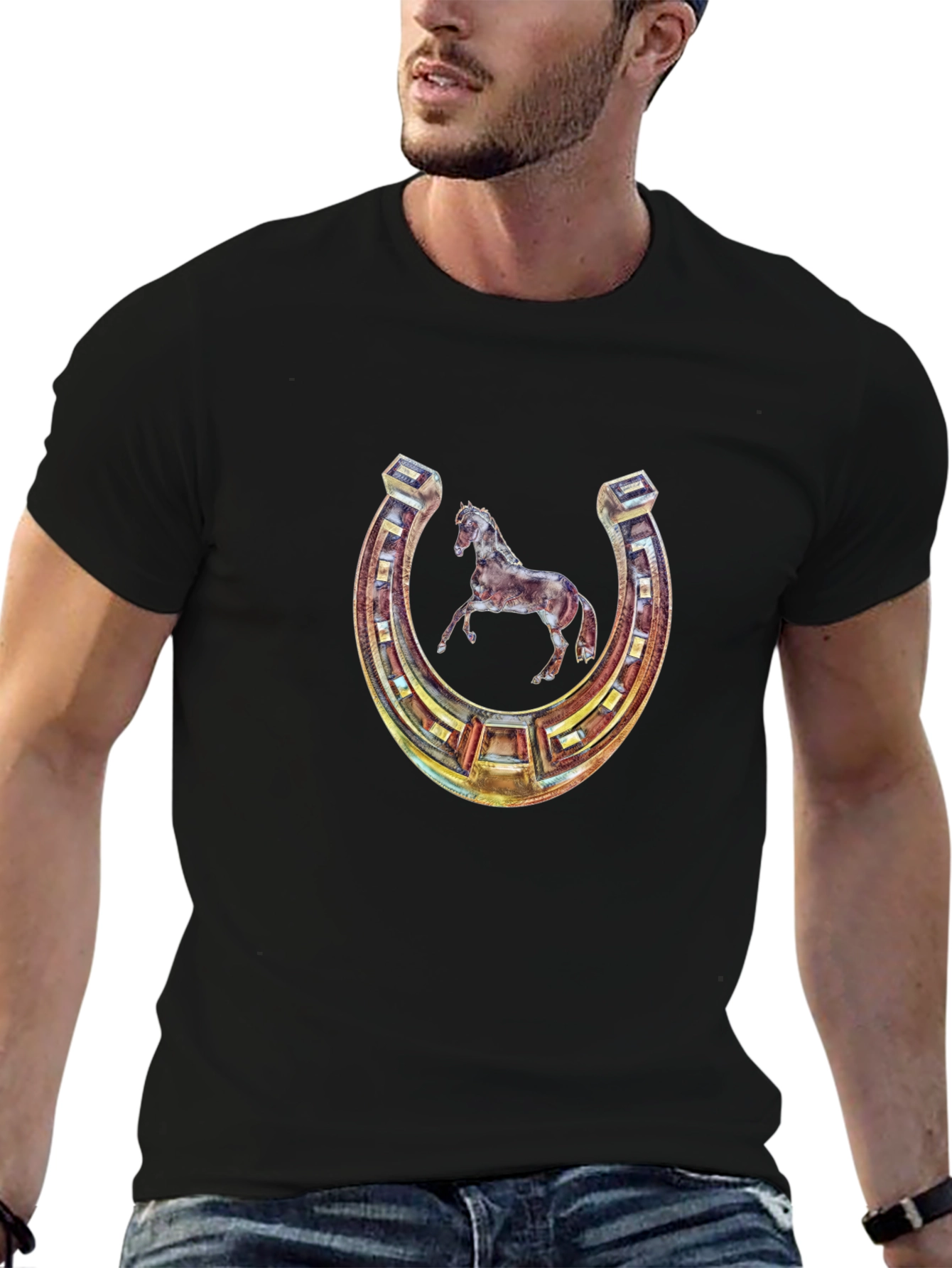 Lucky Horseshoe Horse Graphic Tee - Black