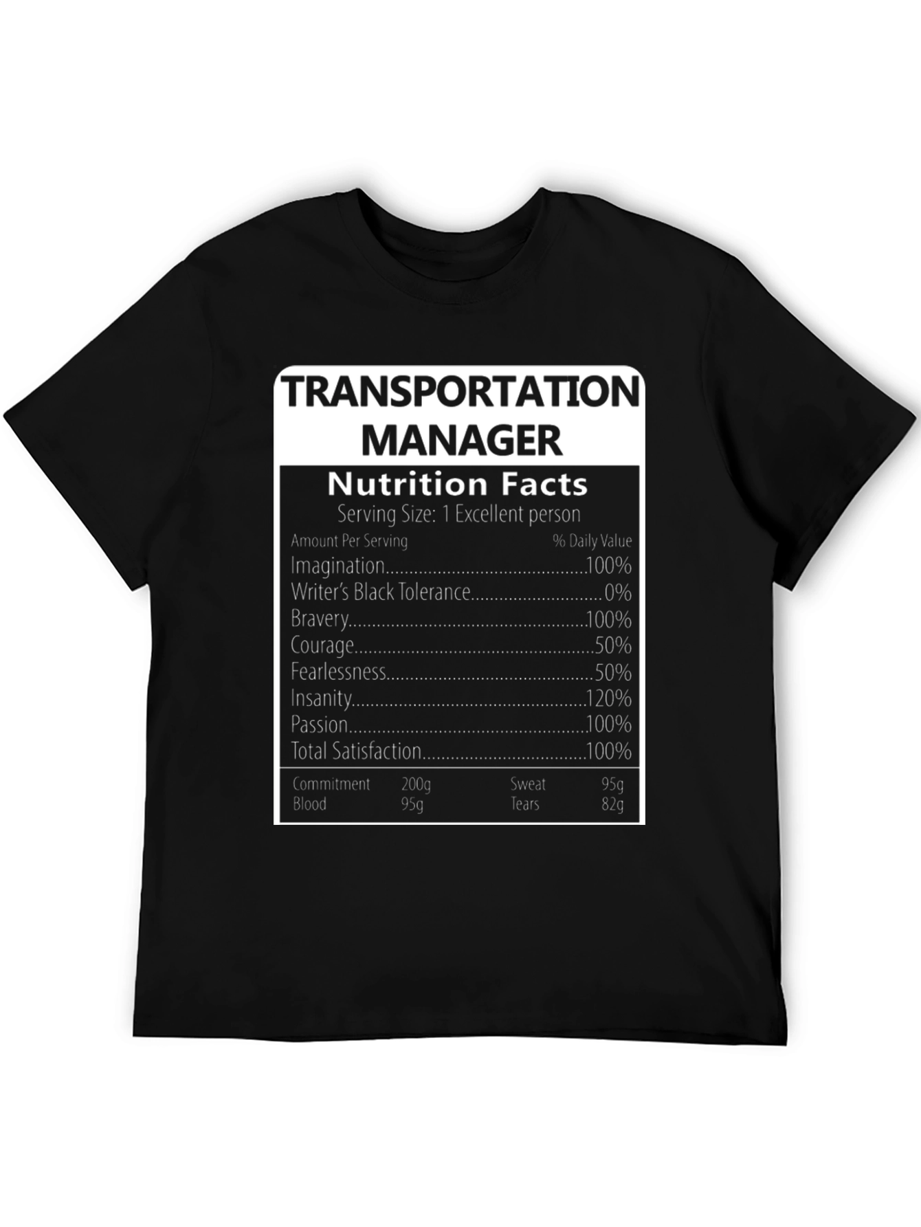 Transportation Manager Nutrition Facts T-Shirt