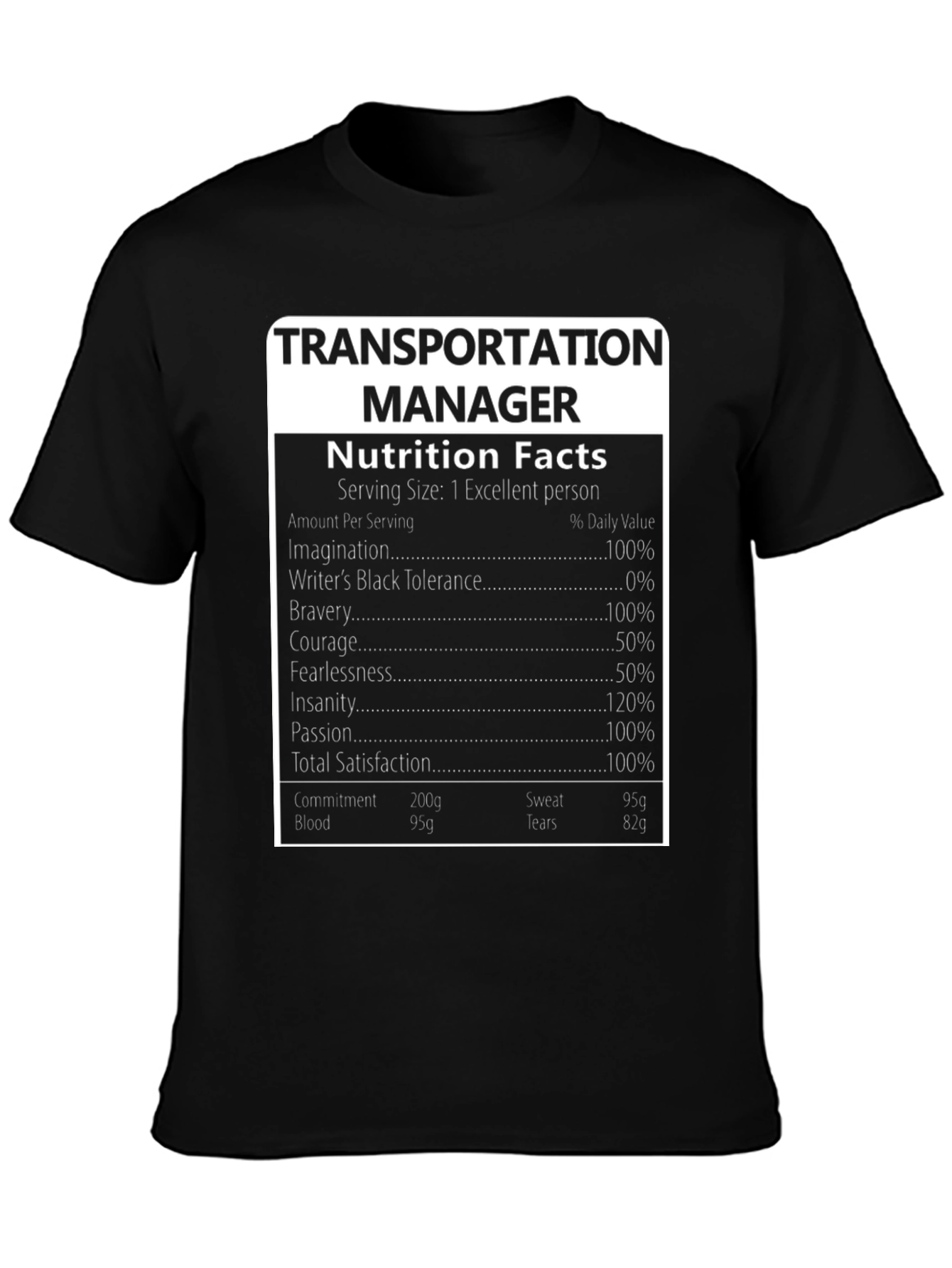 Transportation Manager Nutrition Facts T-Shirt