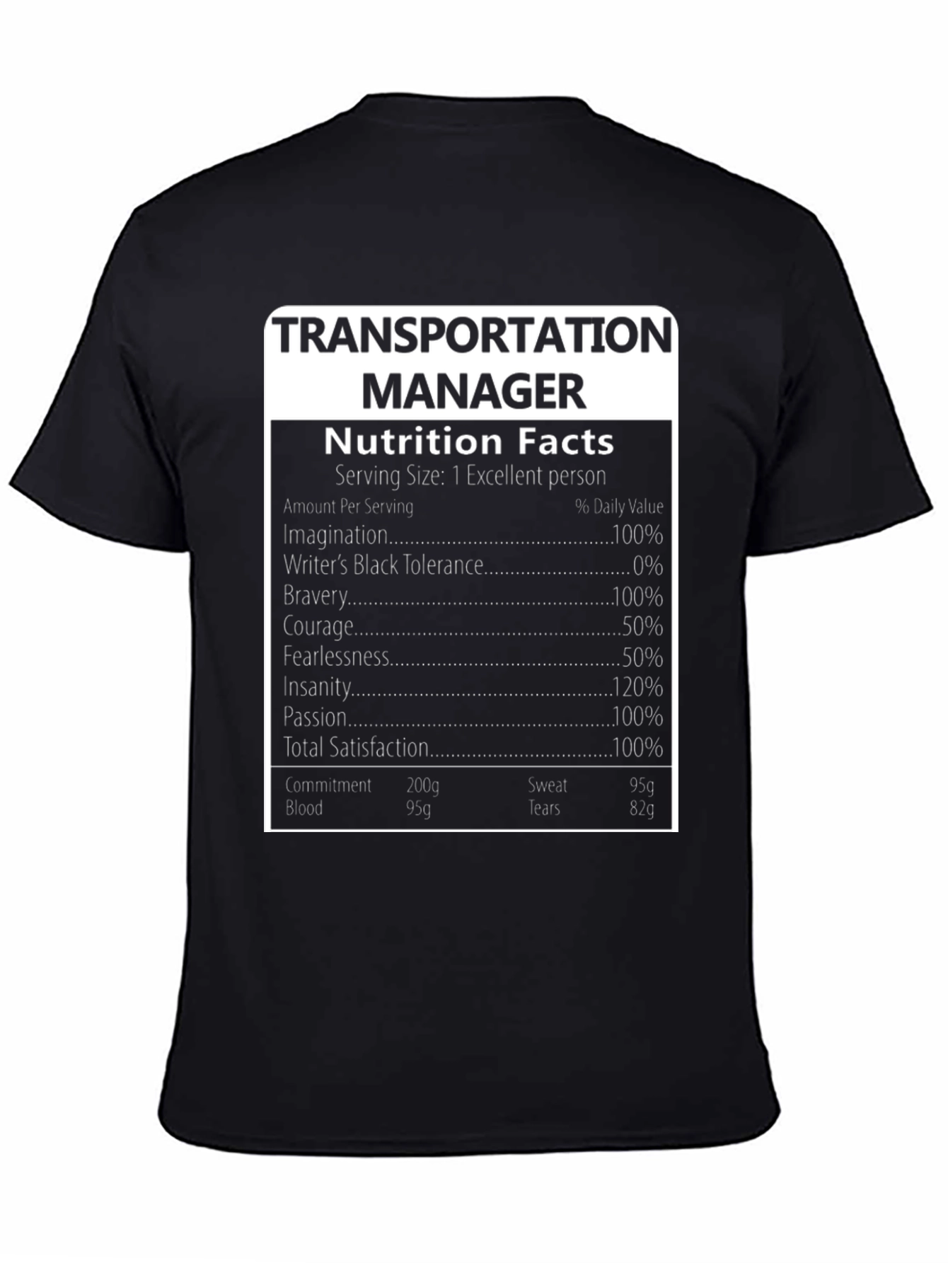 Transportation Manager Nutrition Facts T-Shirt