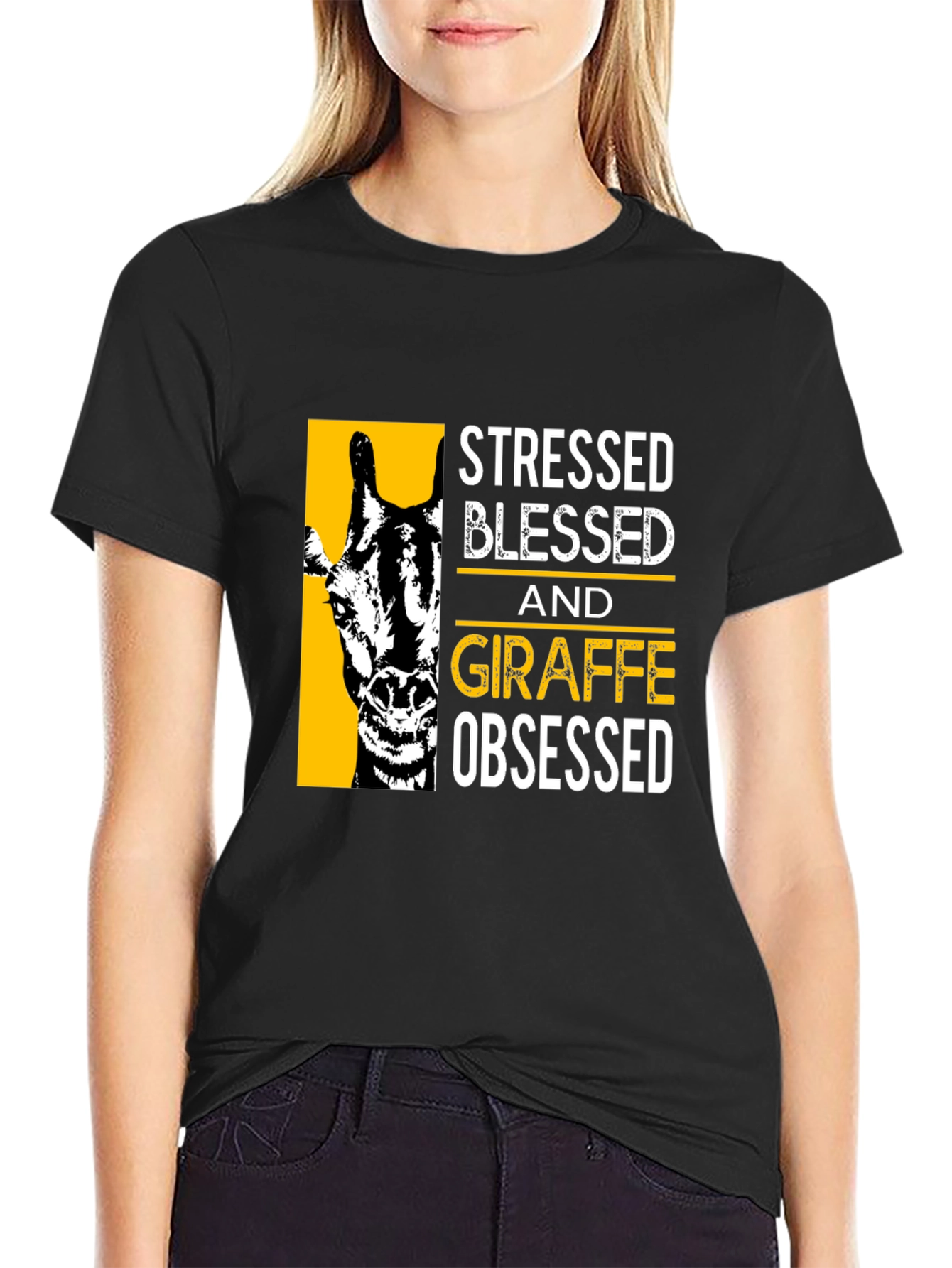Stressed Blessed Giraffe Obsessed Black T-Shirt