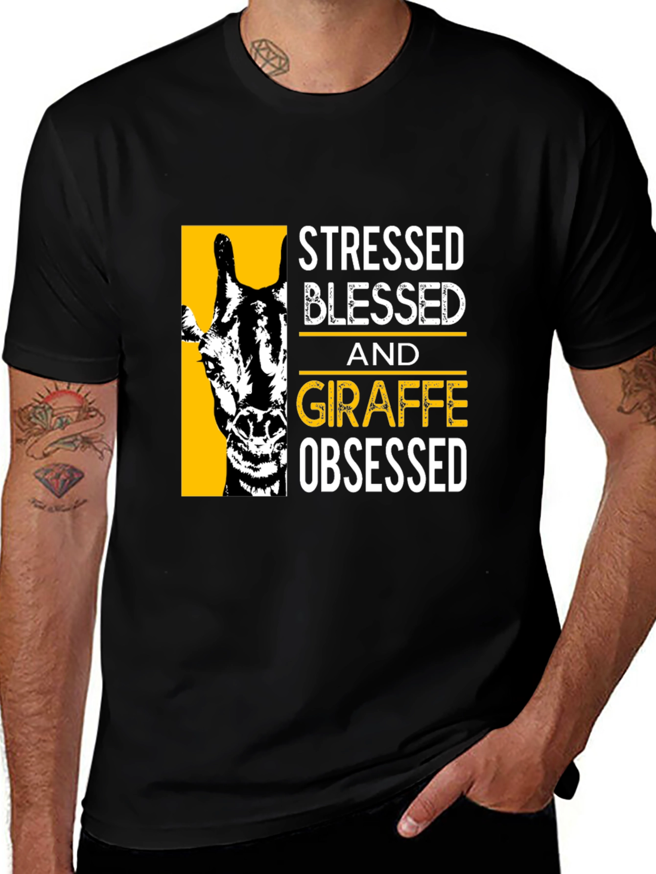 Stressed Blessed Giraffe Obsessed Black T-Shirt