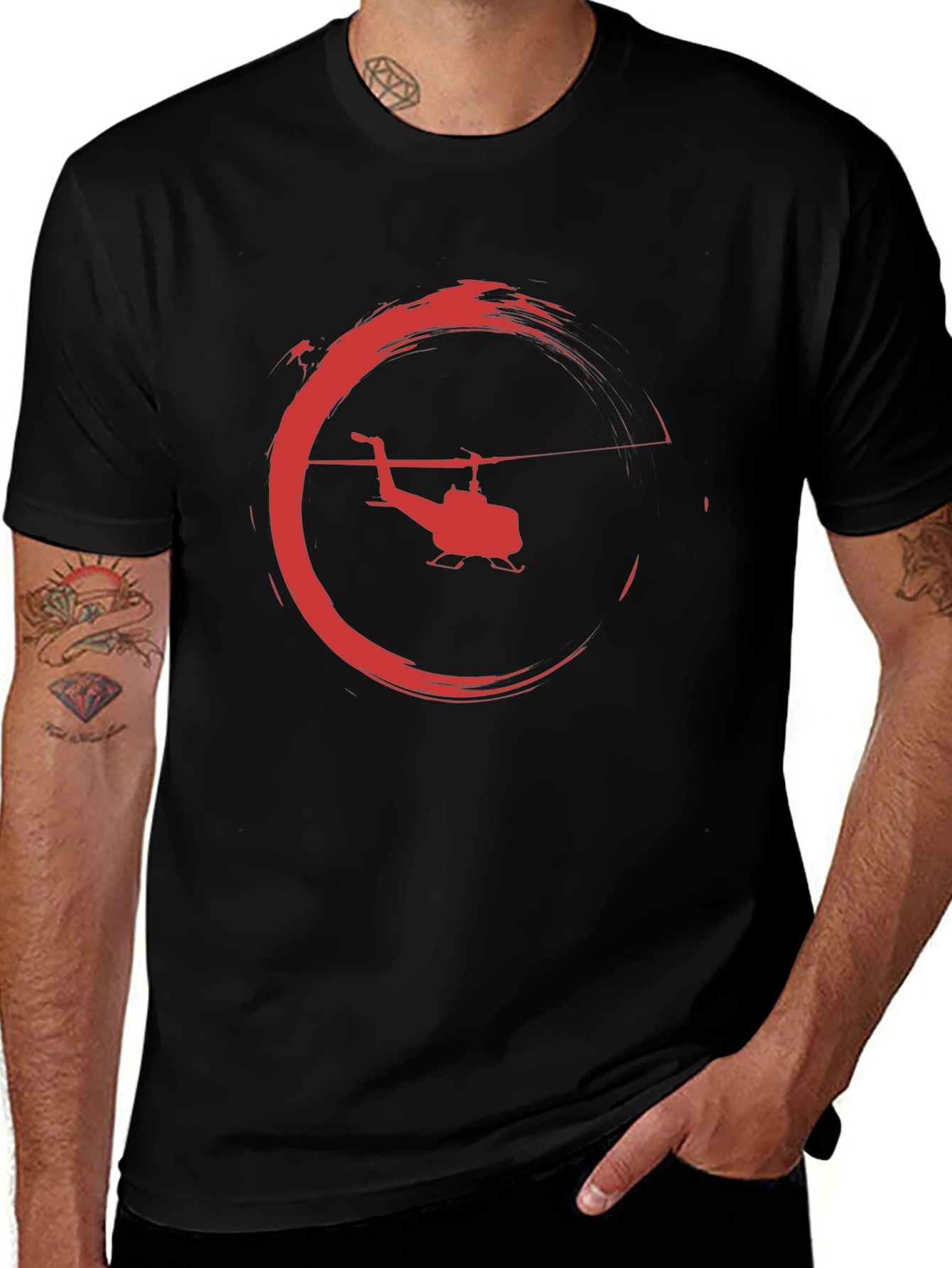 Helicopter Graphic Tee - Black Crew Neck T-Shirt