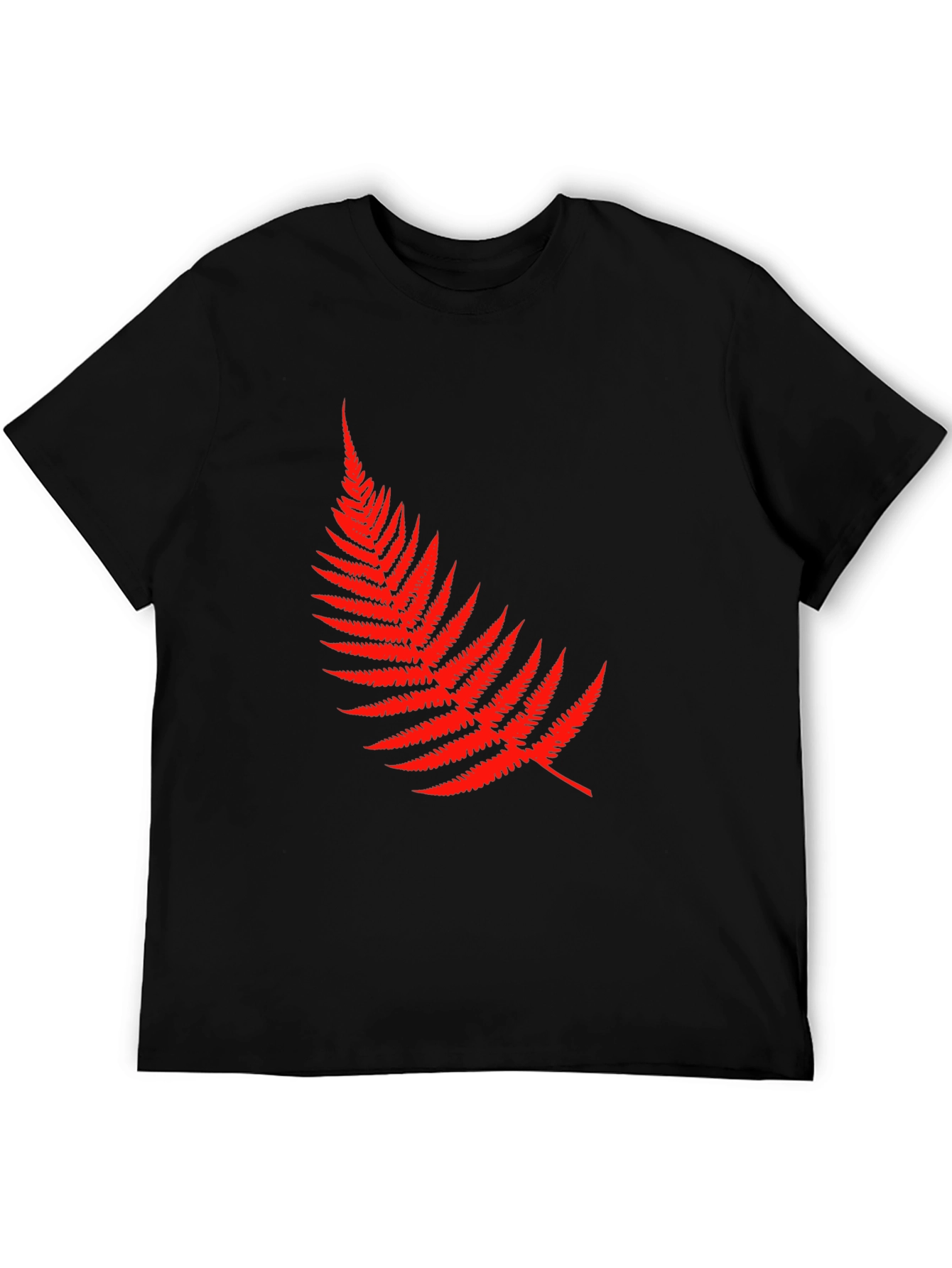 Red Fern Leaf Graphic Tee - Black Cotton T-Shirt